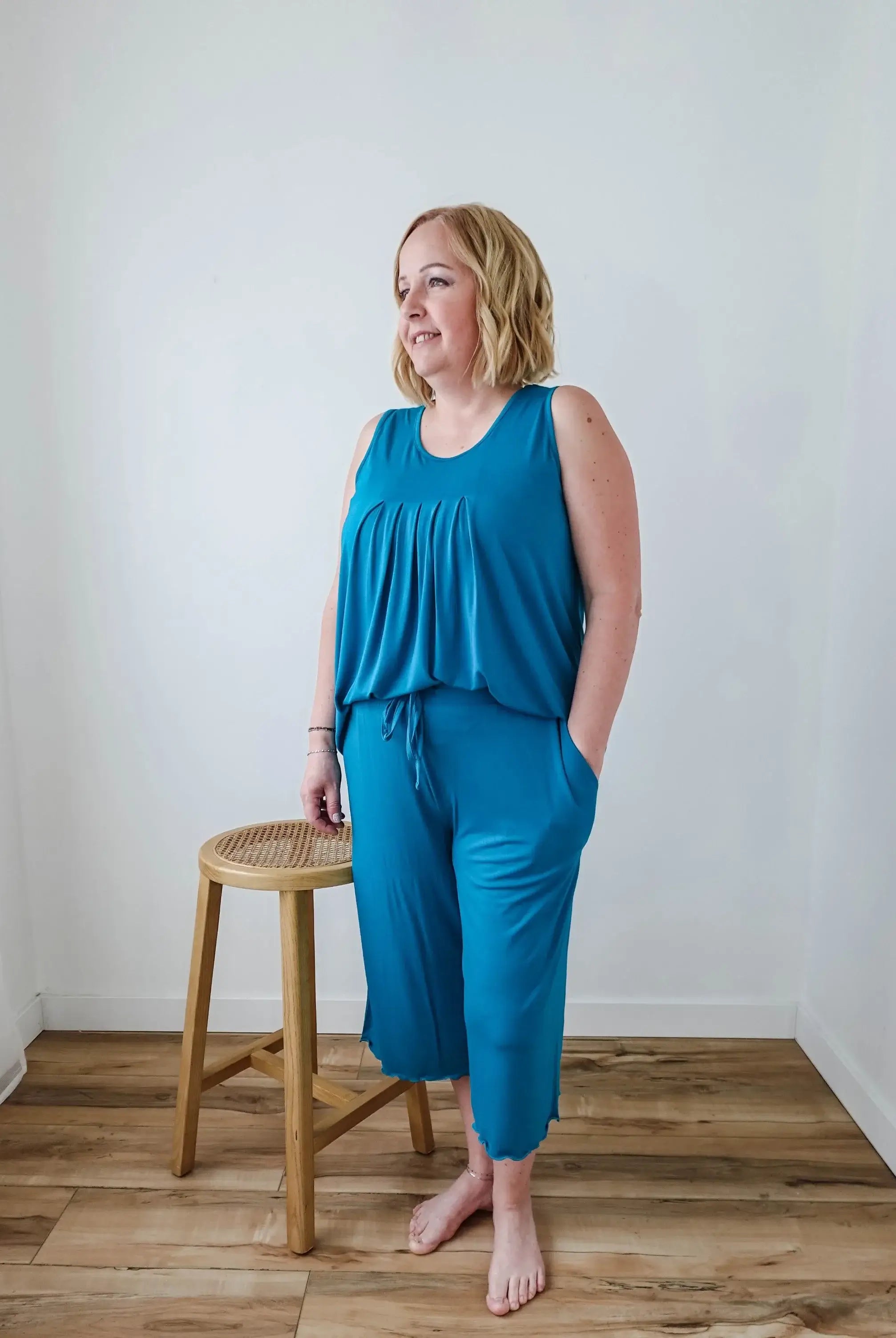 🌊 PJ Tank Pleated/Flutter Capri | Cyan Teal 🌊-Georgia Rylan-Cloud Nine Pajamas