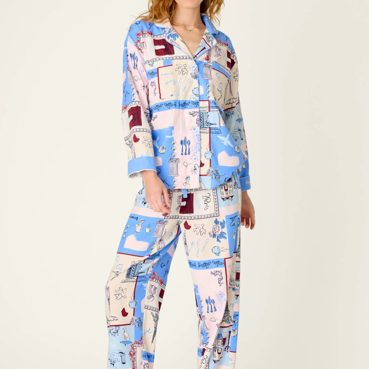 PJ Salvage Allons-Y Parisian Print 3-Piece Flannel PJ Set front view on model — Cloud Nine Pajamas Edmonton