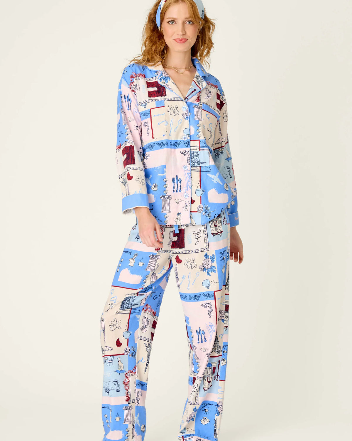 PJ Salvage Allons-Y Parisian Print 3-Piece Flannel PJ Set front view on model — Cloud Nine Pajamas Edmonton