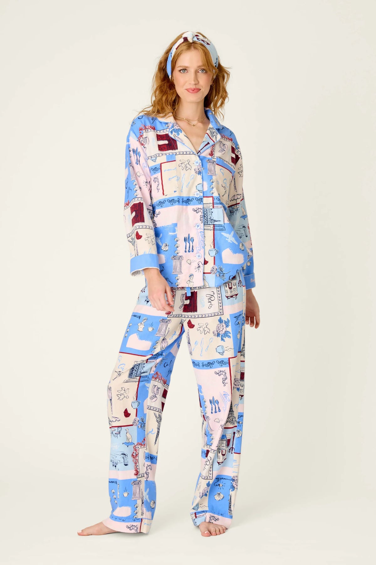 PJ Salvage Allons-Y Parisian Print 3-Piece Flannel PJ Set front view on model — Cloud Nine Pajamas Edmonton