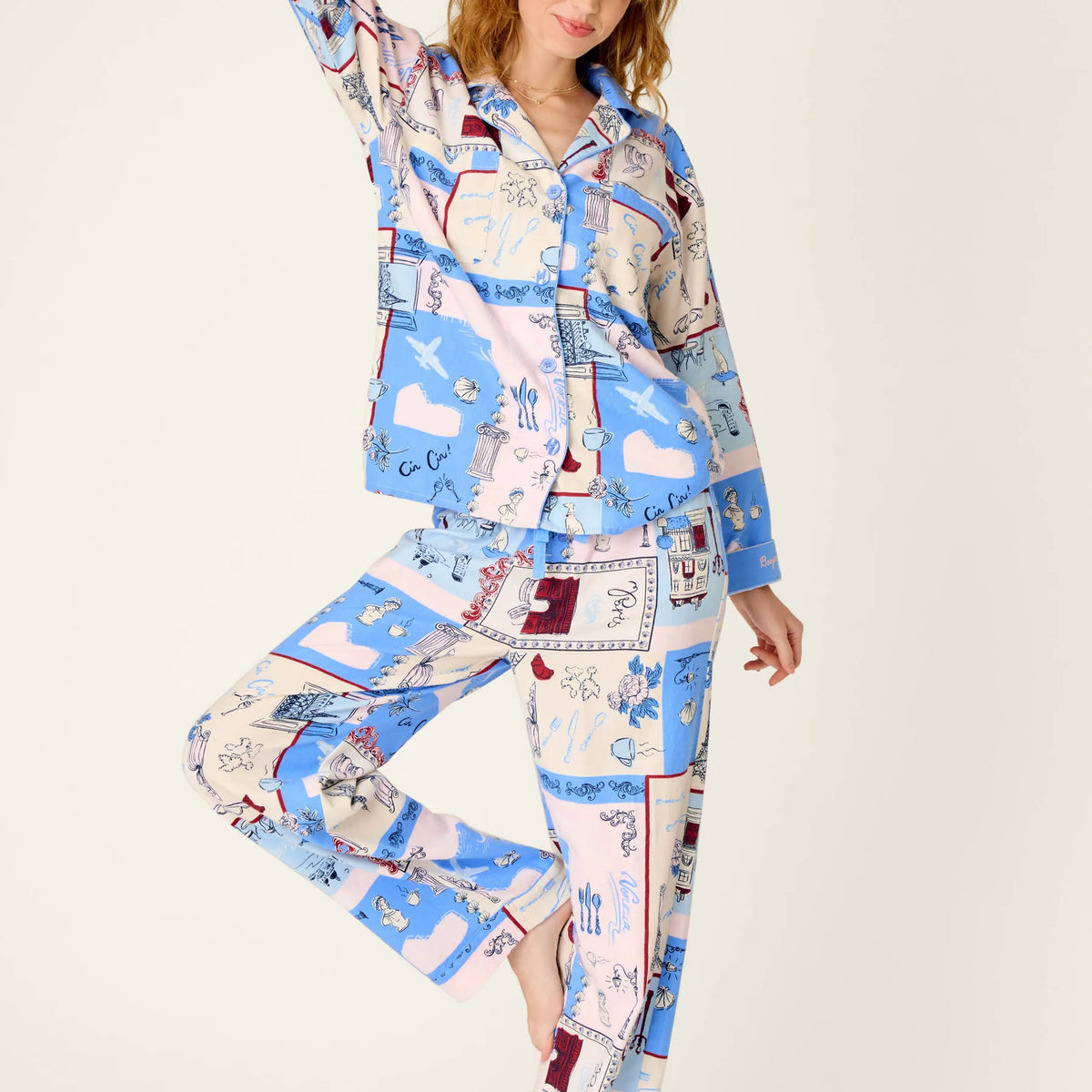 PJ Salvage Allons-Y ivory flannel set full length model — Cloud Nine Pajamas