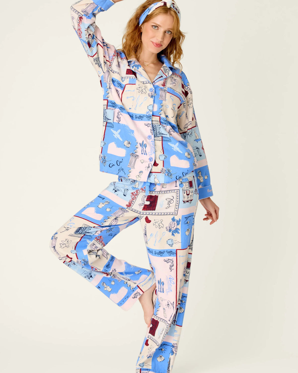 PJ Salvage Allons-Y ivory flannel set full length model — Cloud Nine Pajamas