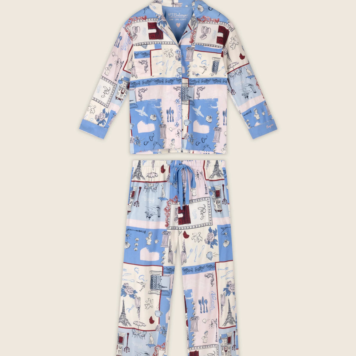 PJ Salvage Allons-Y set Parisian sketch print flat lay — Cloud Nine Pajamas