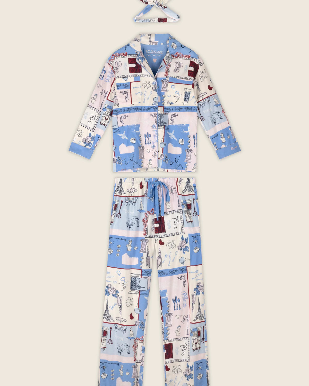 PJ Salvage Allons-Y set Parisian sketch print flat lay — Cloud Nine Pajamas