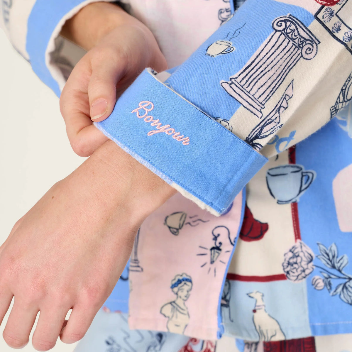 PJ Salvage Allons-Y "Bonjour" embroidered cuff detail — Cloud Nine Pajamas