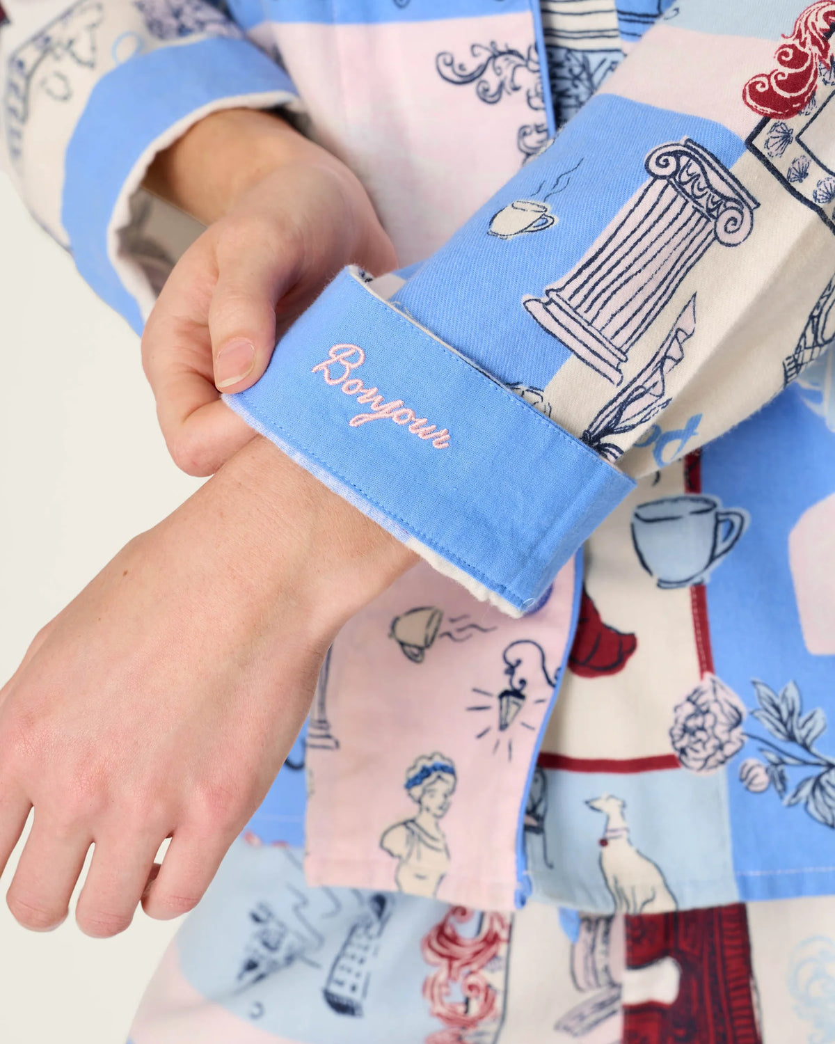 PJ Salvage Allons-Y "Bonjour" embroidered cuff detail — Cloud Nine Pajamas