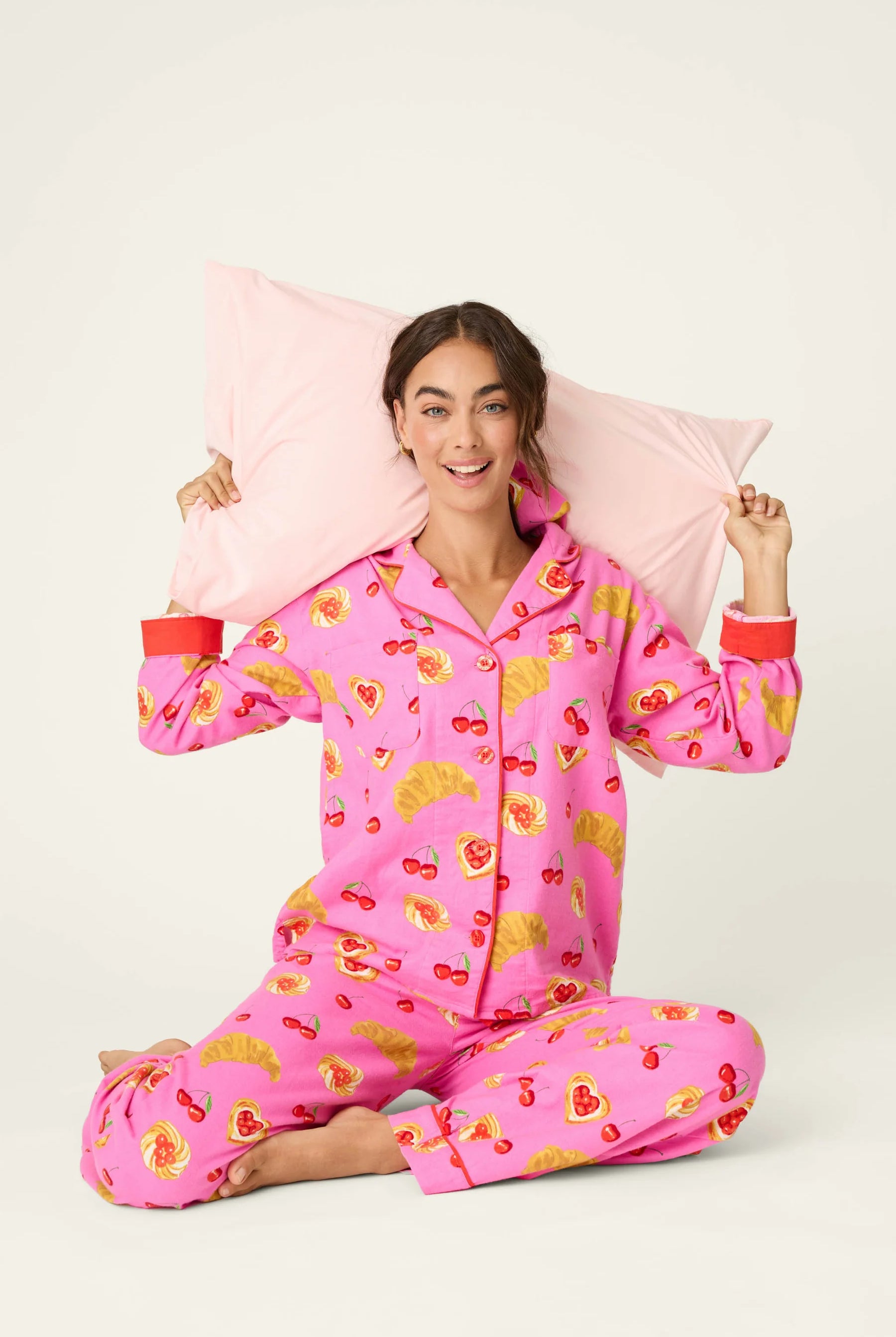 PJ Salvage Brunch Club Pink Rose flannel set lifestyle — Cloud Nine Pajamas Edmonton