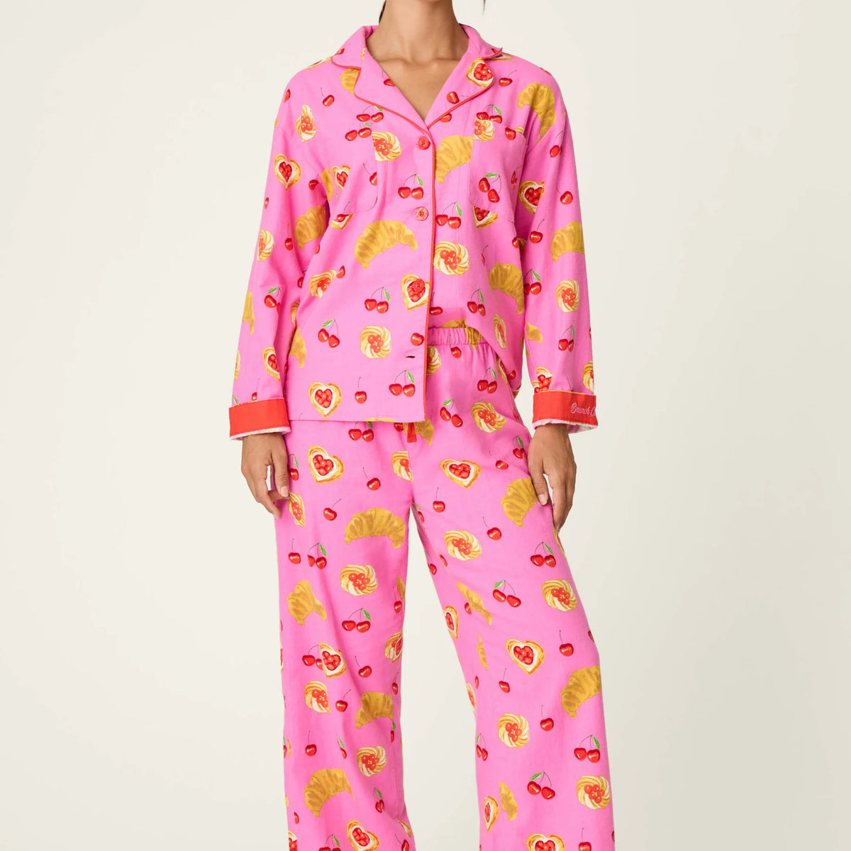 PJ Salvage Breakfast Pastry Print 3-Piece Flannel PJ Set front view model — Cloud Nine Pajamas Edmonton