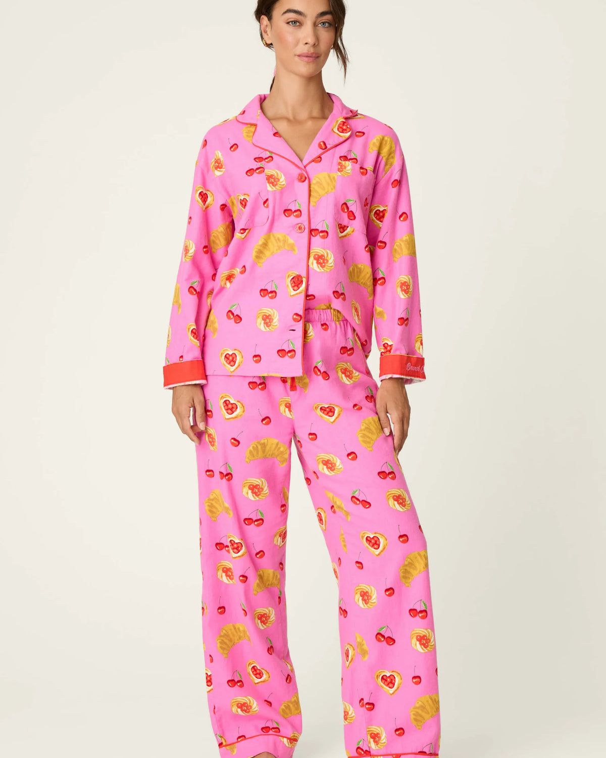 PJ Salvage Breakfast Pastry Print 3-Piece Flannel PJ Set front view model — Cloud Nine Pajamas Edmonton