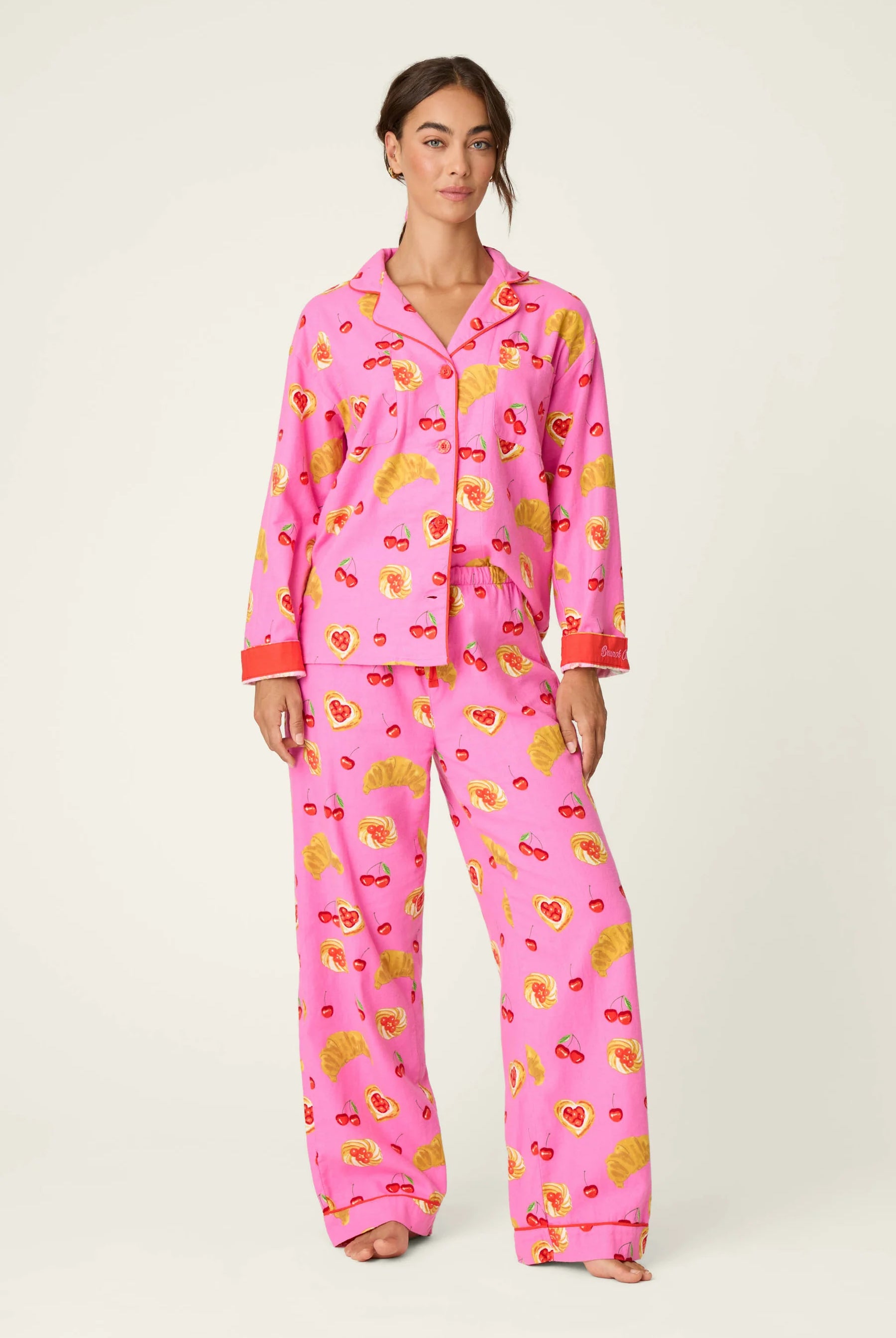 PJ Salvage Breakfast Pastry Print 3-Piece Flannel PJ Set front view model — Cloud Nine Pajamas Edmonton