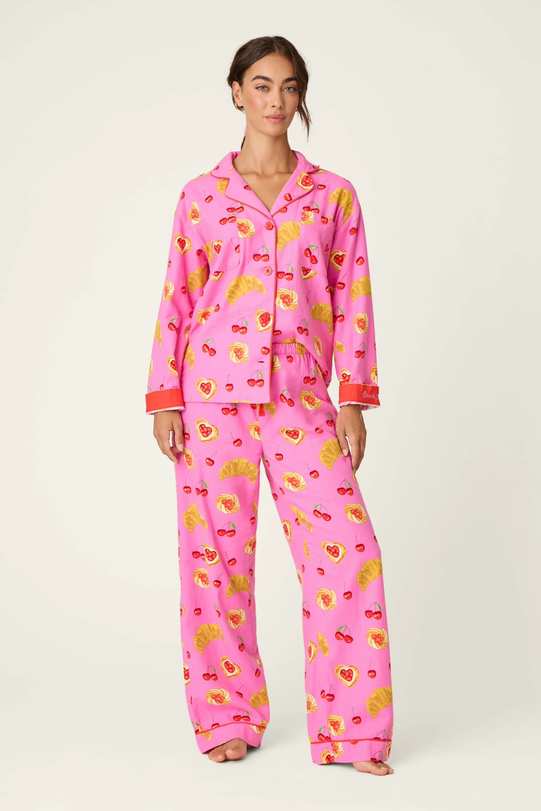 PJ Salvage Breakfast Pastry Print 3-Piece Flannel PJ Set front view model — Cloud Nine Pajamas Edmonton