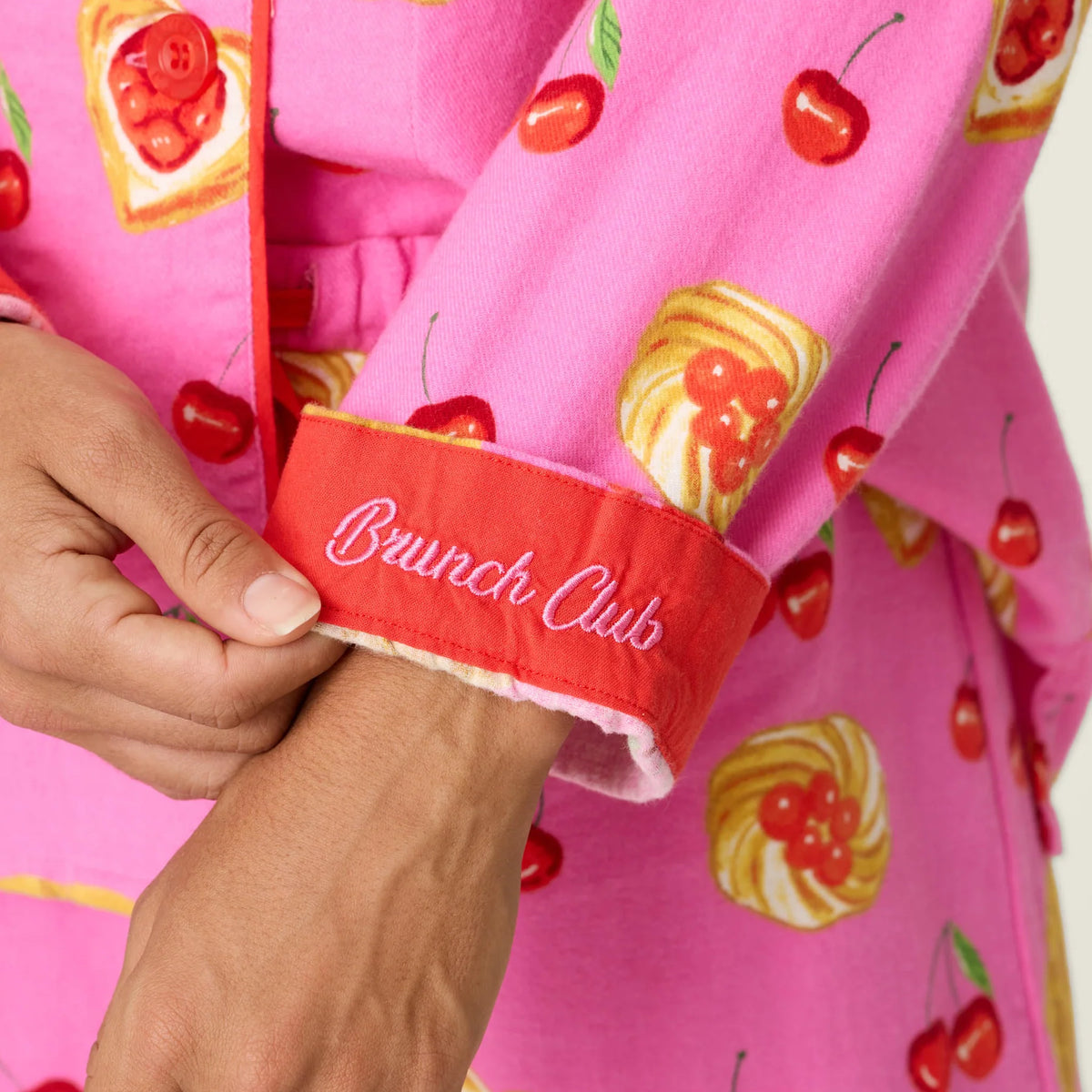 PJ Salvage Brunch Club flannel set "Brunch Club" cuff embroidery detail — Cloud Nine Pajamas