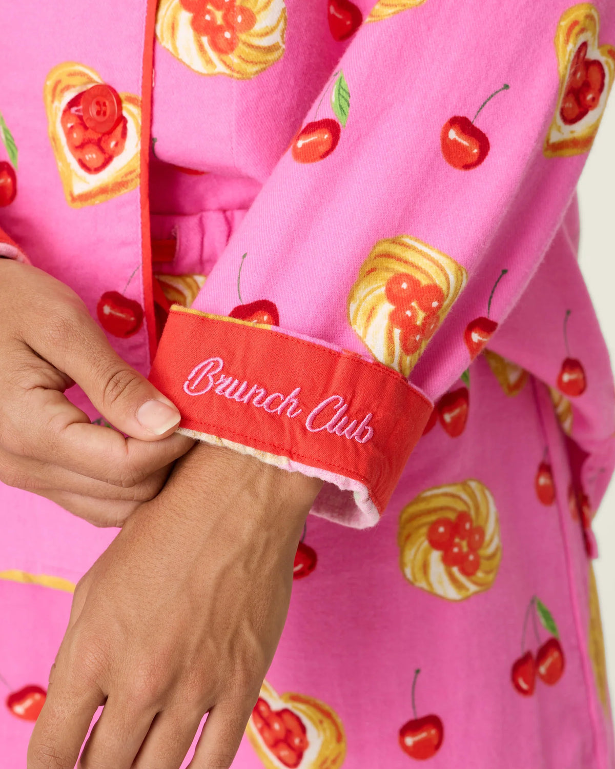 PJ Salvage Brunch Club flannel set "Brunch Club" cuff embroidery detail — Cloud Nine Pajamas
