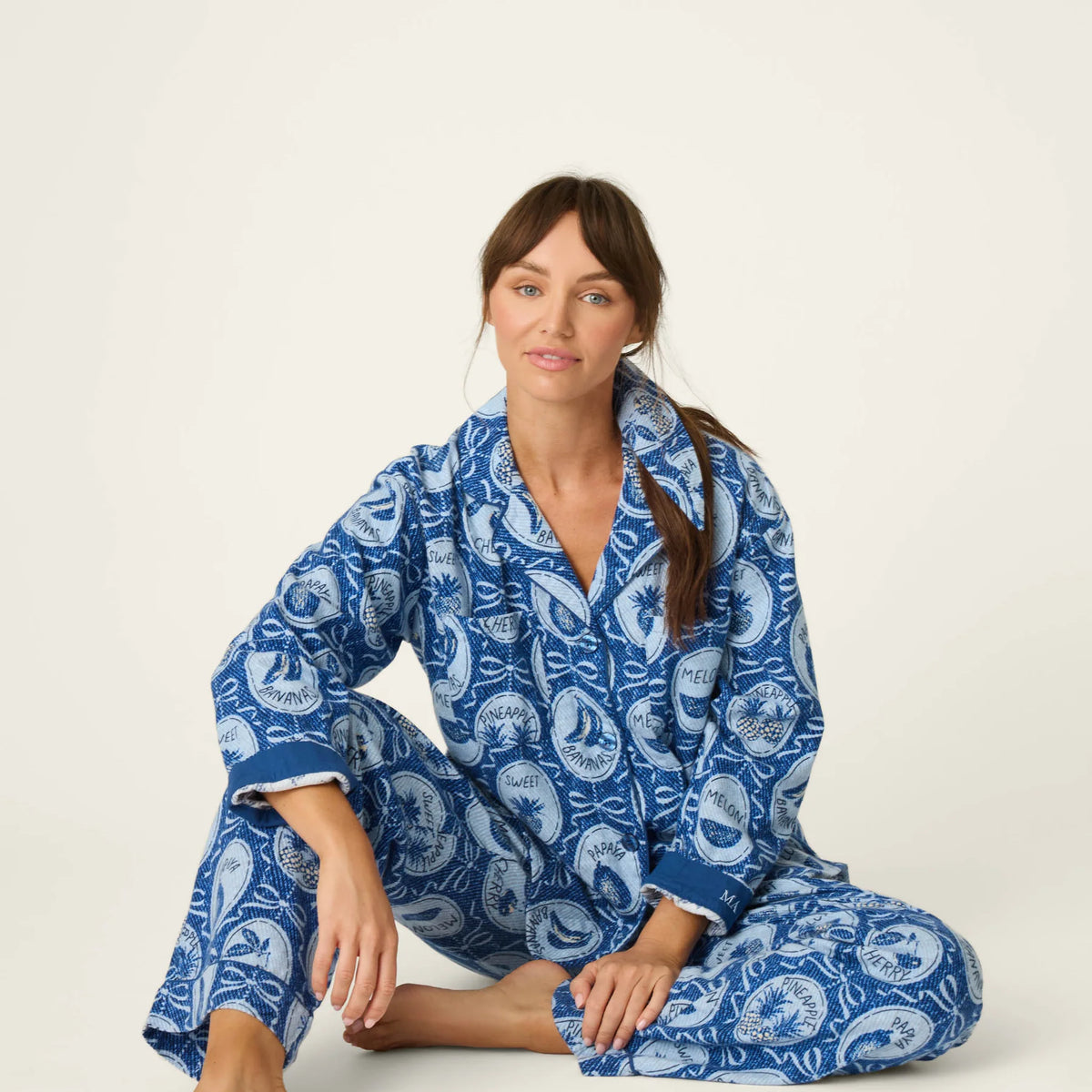 PJ Salvage Ma Cherie flannel set lifestyle model sitting — Cloud Nine Pajamas Edmonton