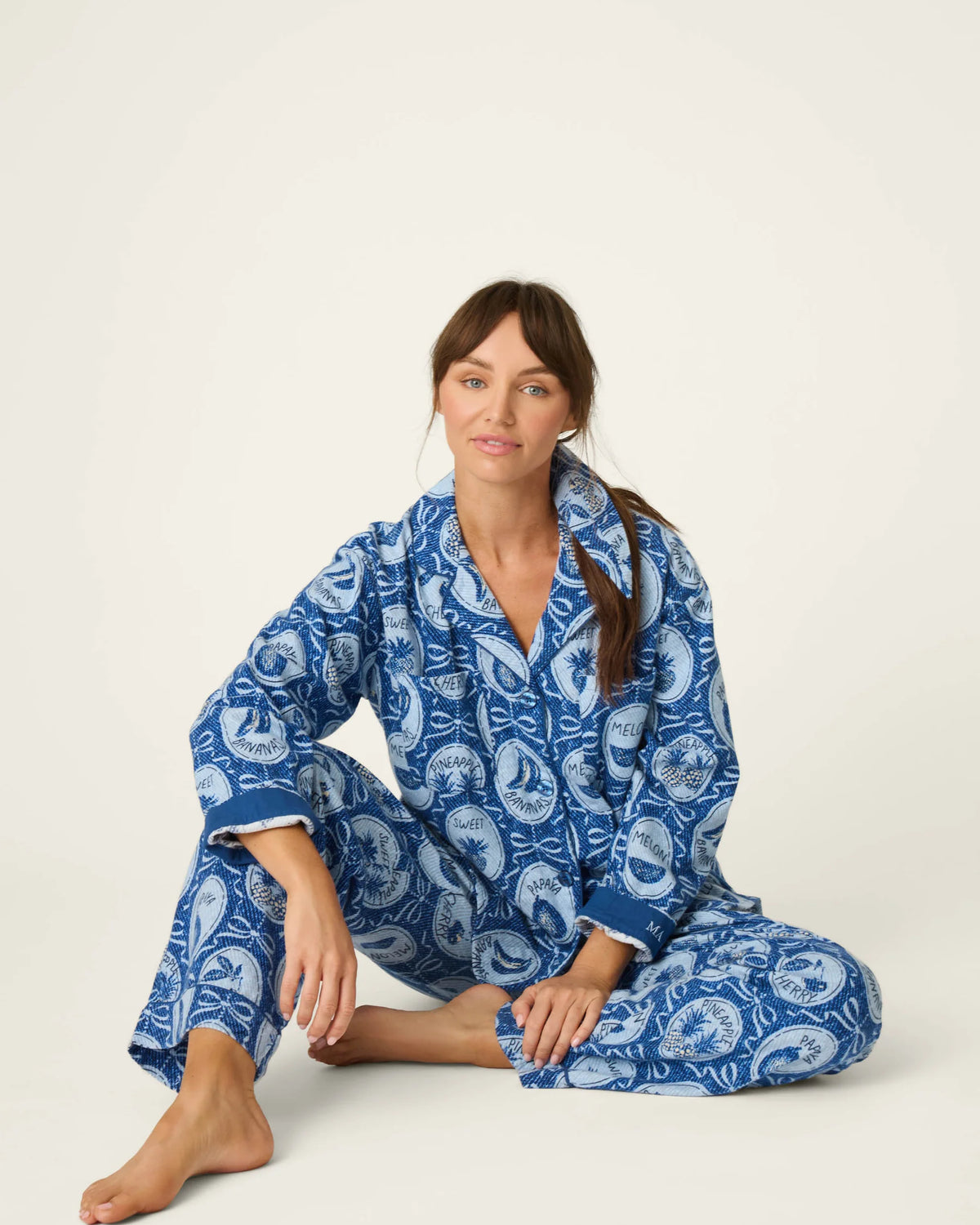 PJ Salvage Ma Cherie flannel set lifestyle model sitting — Cloud Nine Pajamas Edmonton