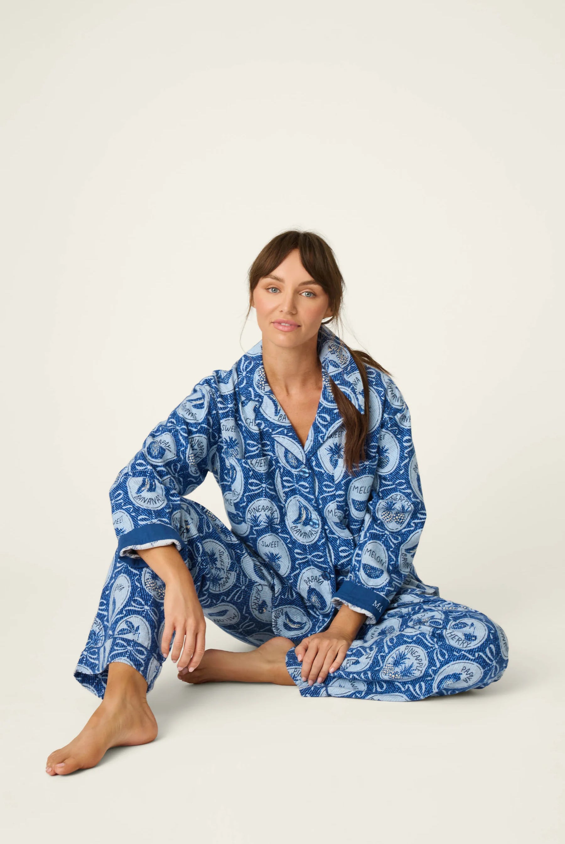 PJ Salvage Ma Cherie flannel set lifestyle model sitting — Cloud Nine Pajamas Edmonton