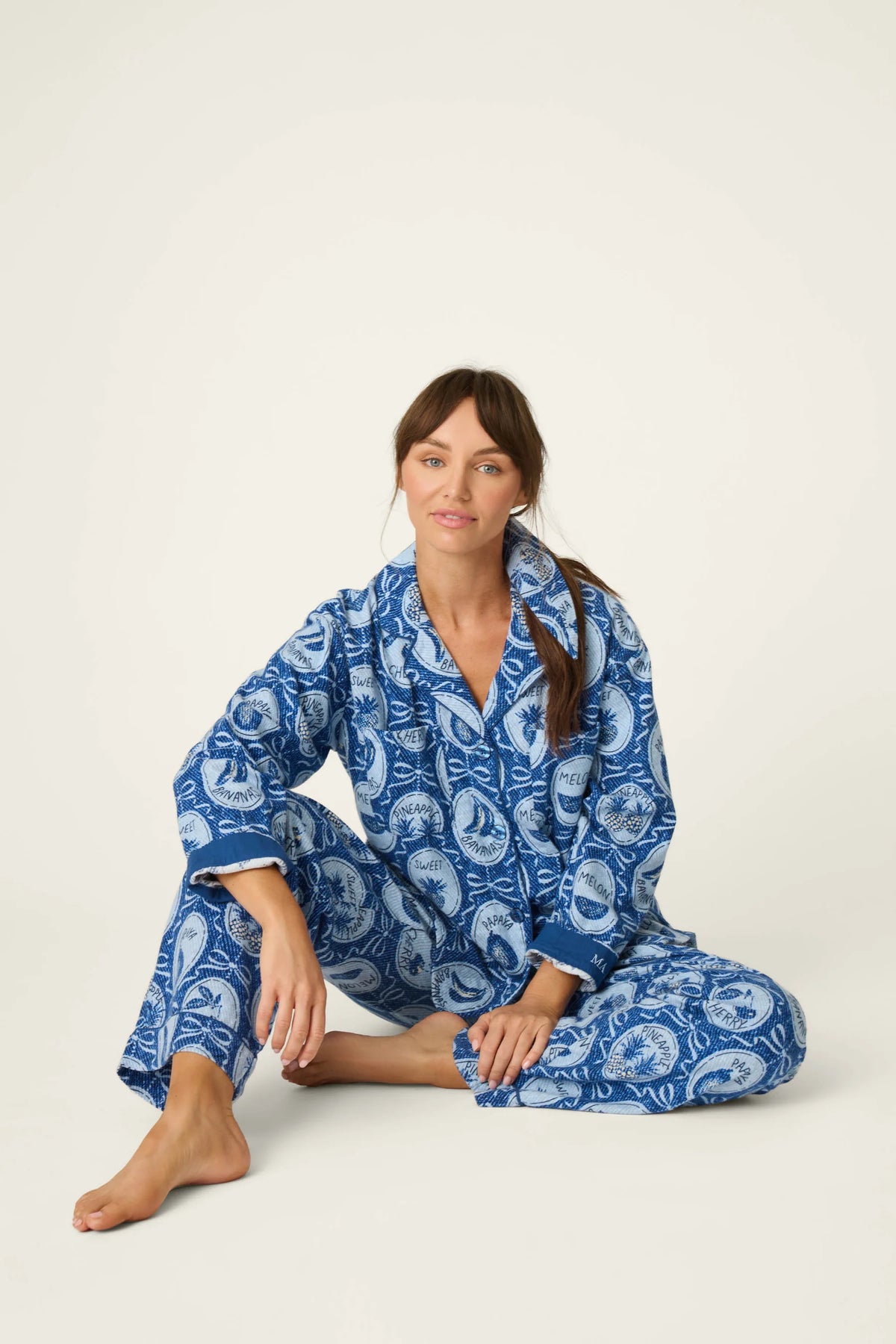 PJ Salvage Ma Cherie flannel set lifestyle model sitting — Cloud Nine Pajamas Edmonton