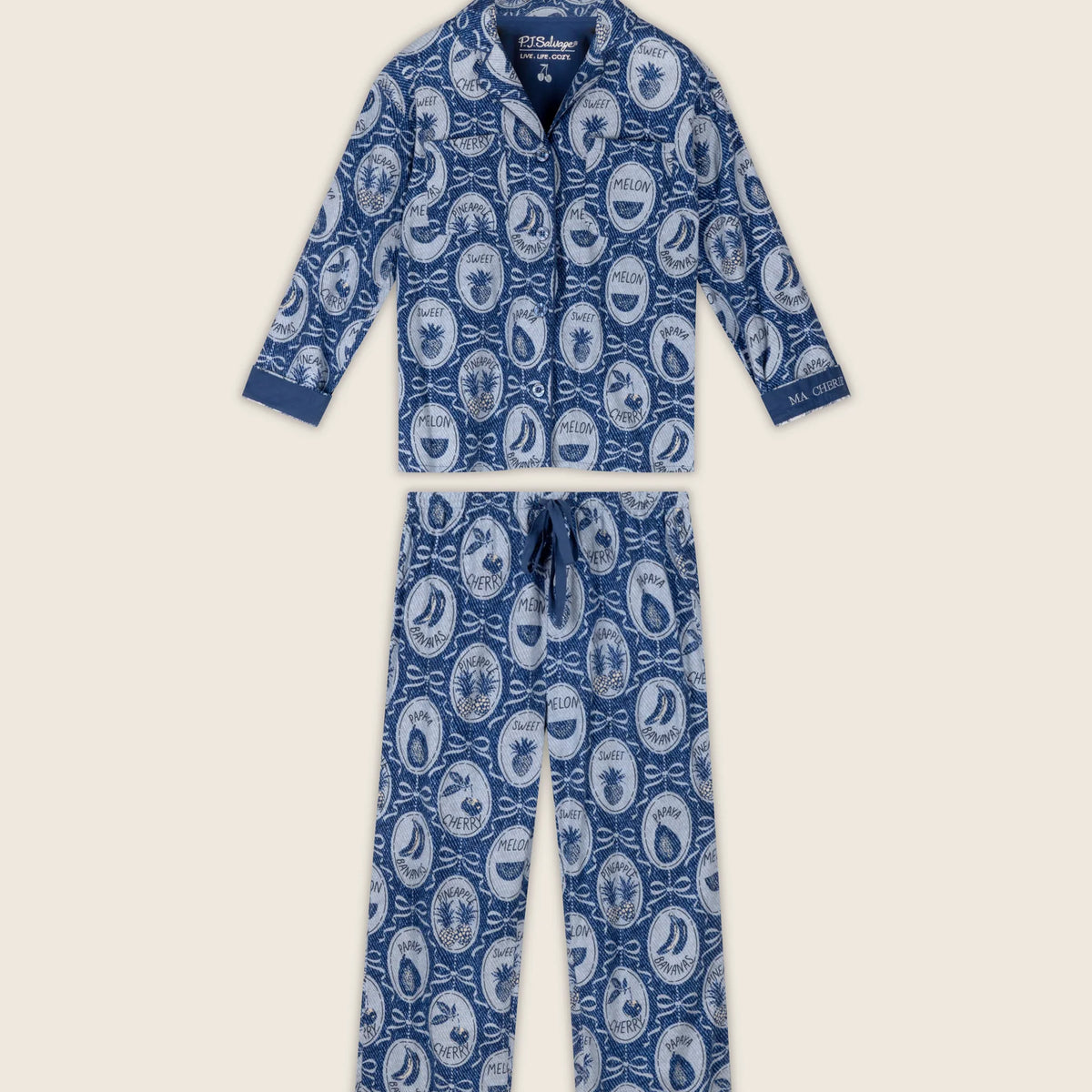 PJ Salvage Ma Cherie navy fruit print flannel set with hair wrap — Cloud Nine Pajamas