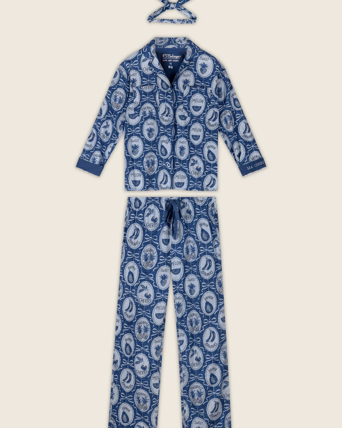 PJ Salvage Ma Cherie navy fruit print flannel set with hair wrap — Cloud Nine Pajamas