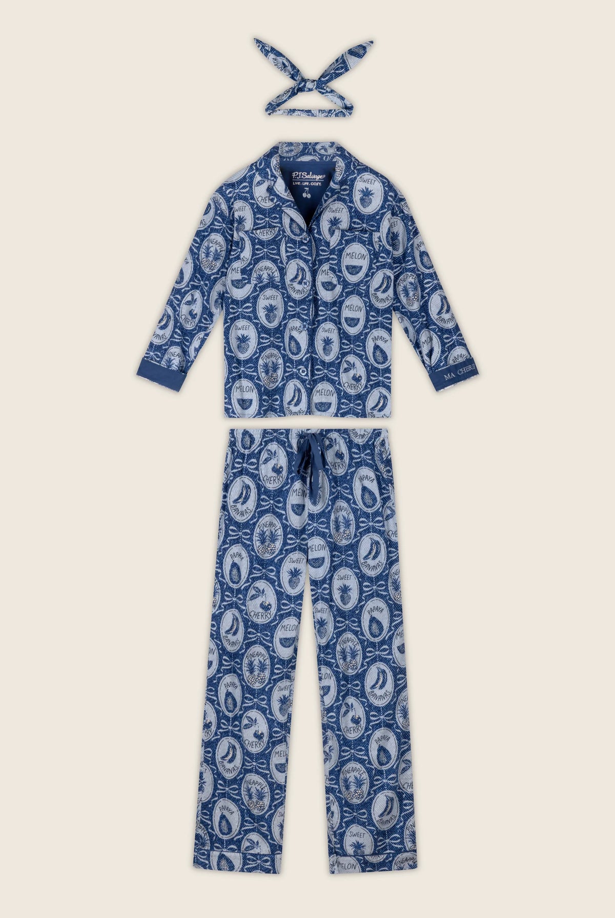 PJ Salvage Ma Cherie navy fruit print flannel set with hair wrap — Cloud Nine Pajamas