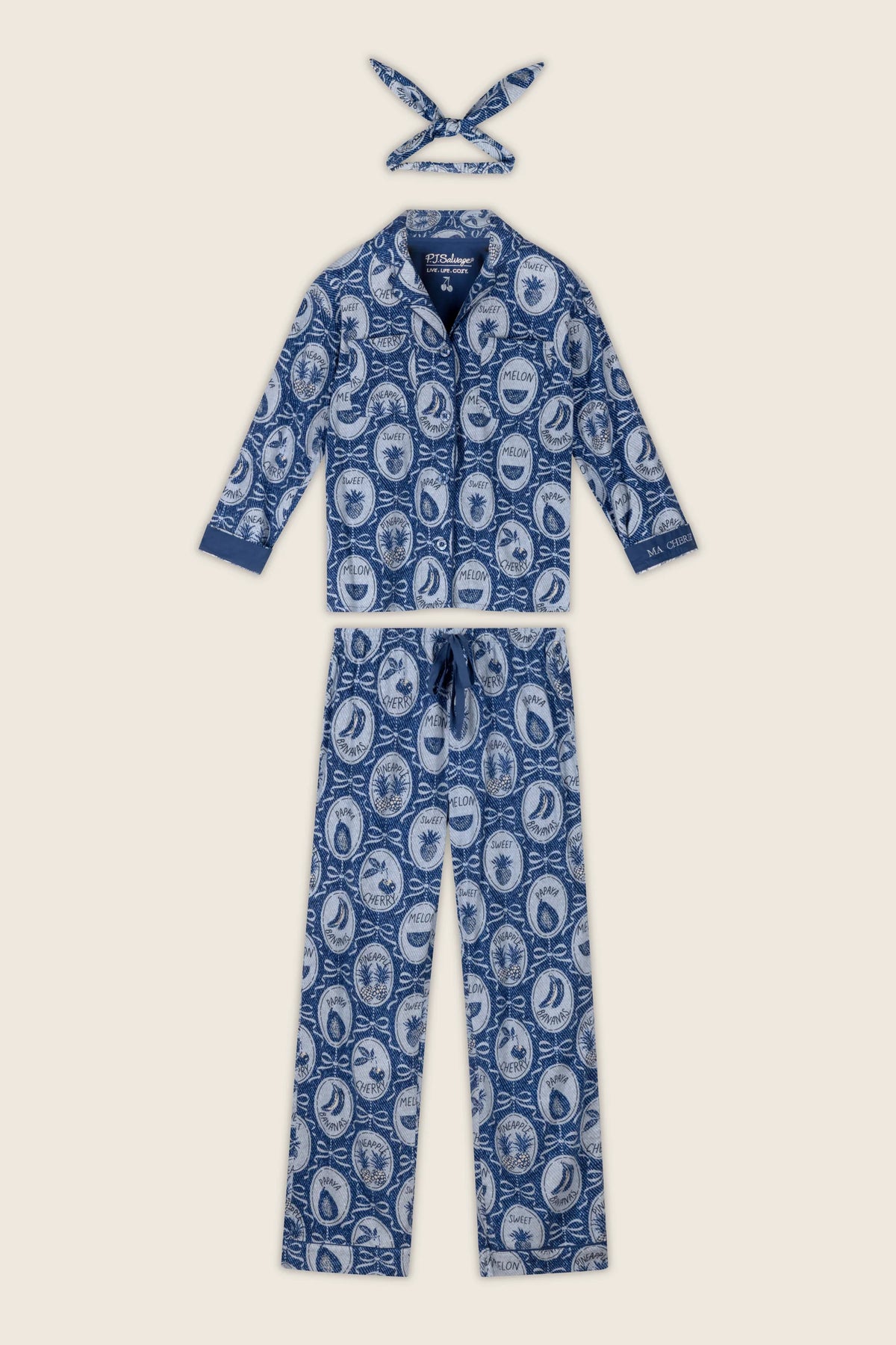 PJ Salvage Ma Cherie navy fruit print flannel set with hair wrap — Cloud Nine Pajamas