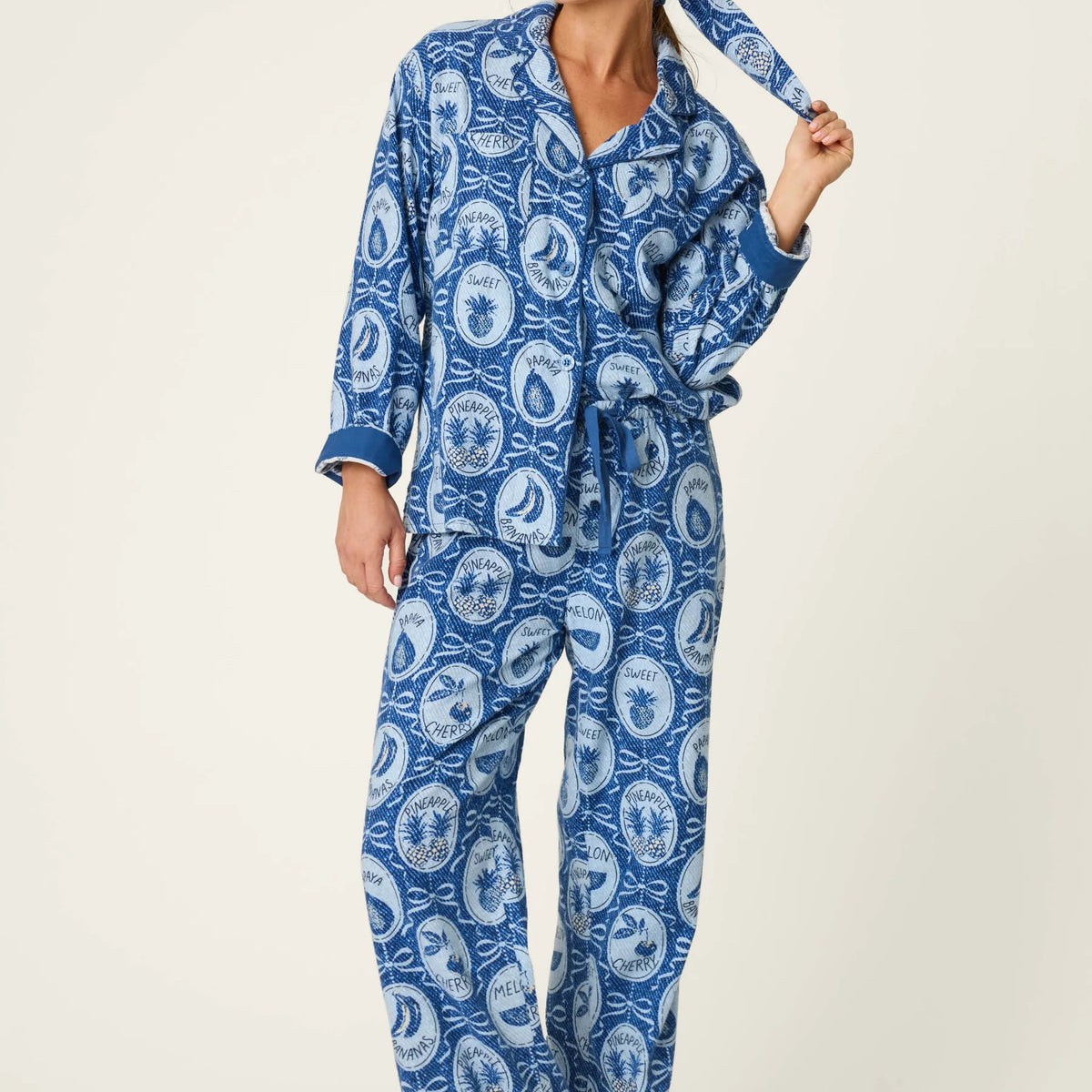 PJ Salvage Ma Cherie Fruit Medley Navy 3-Piece Flannel PJ Set front view — Cloud Nine Pajamas Edmonton