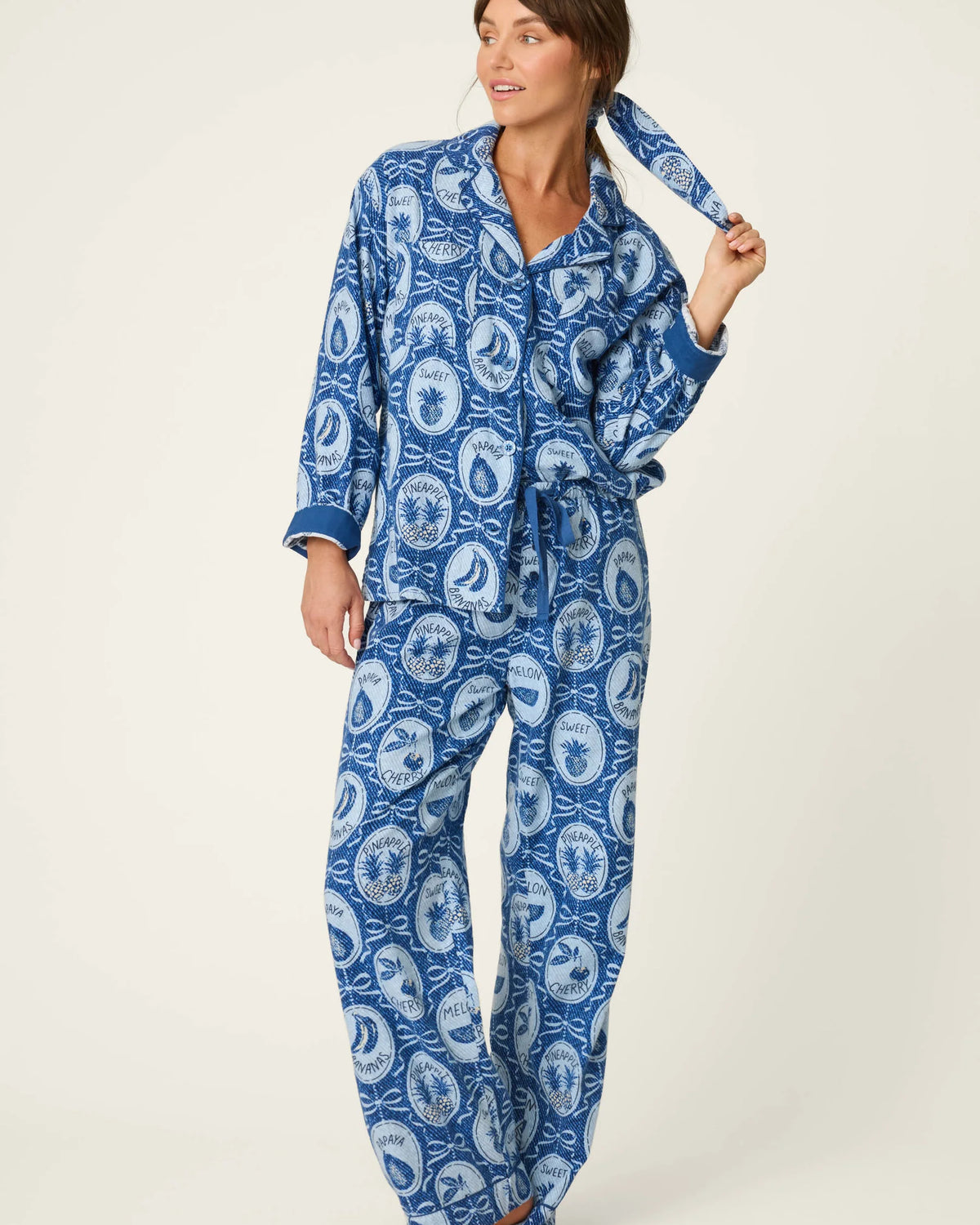PJ Salvage Ma Cherie Fruit Medley Navy 3-Piece Flannel PJ Set front view — Cloud Nine Pajamas Edmonton