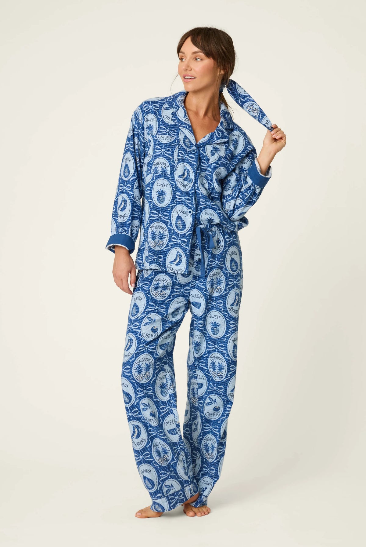 PJ Salvage Ma Cherie Fruit Medley Navy 3-Piece Flannel PJ Set front view — Cloud Nine Pajamas Edmonton