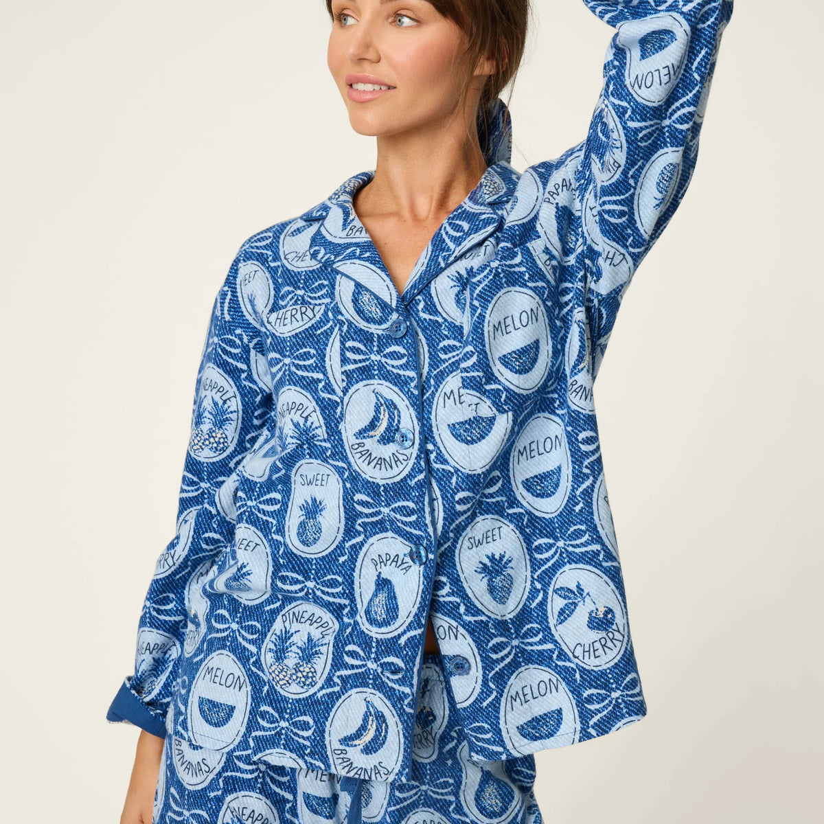 PJ Salvage Ma Cherie Fruit Medley Navy 3-Piece Flannel PJ Set front view close up — Cloud Nine Pajamas Edmonton