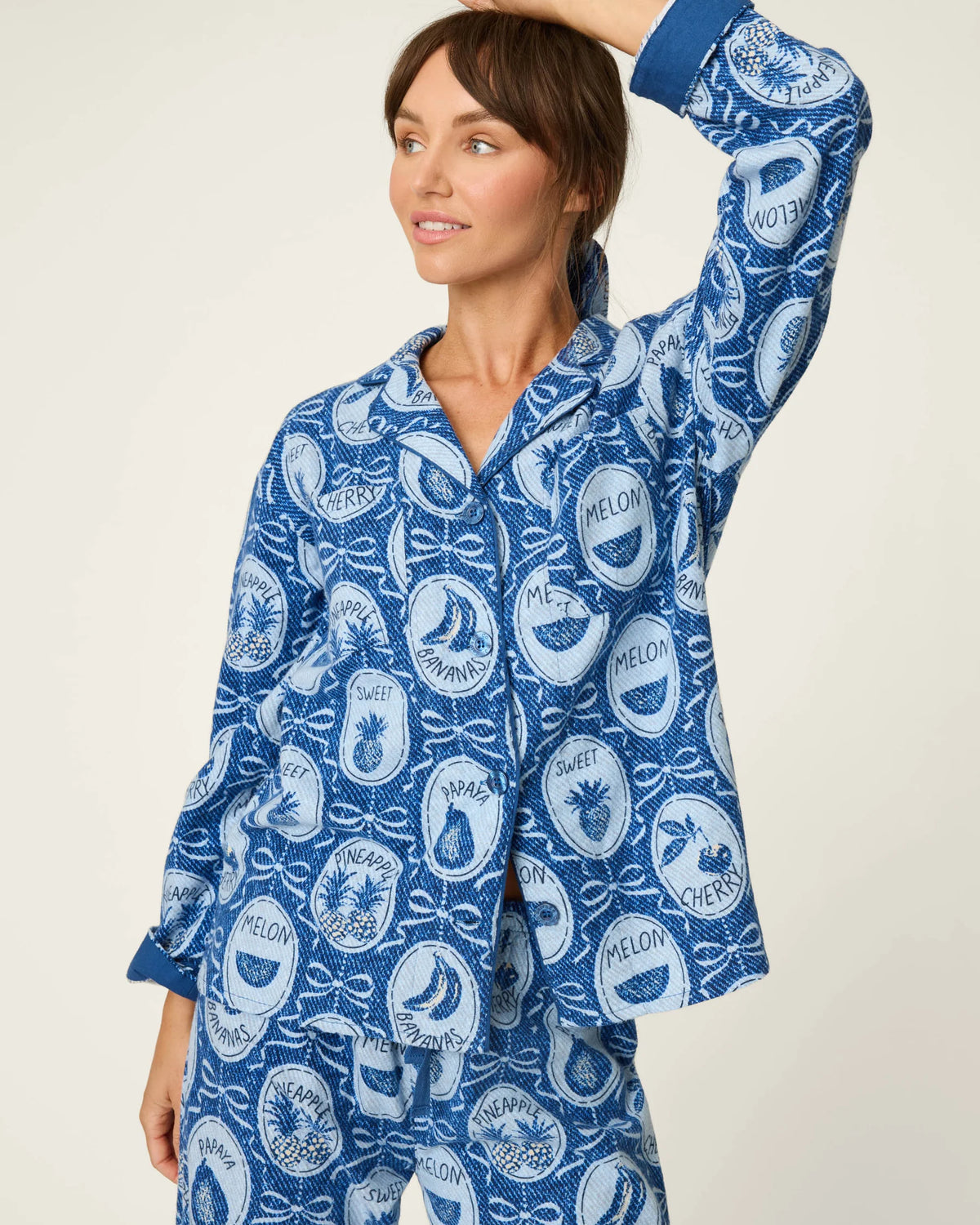 PJ Salvage Ma Cherie Fruit Medley Navy 3-Piece Flannel PJ Set front view close up — Cloud Nine Pajamas Edmonton