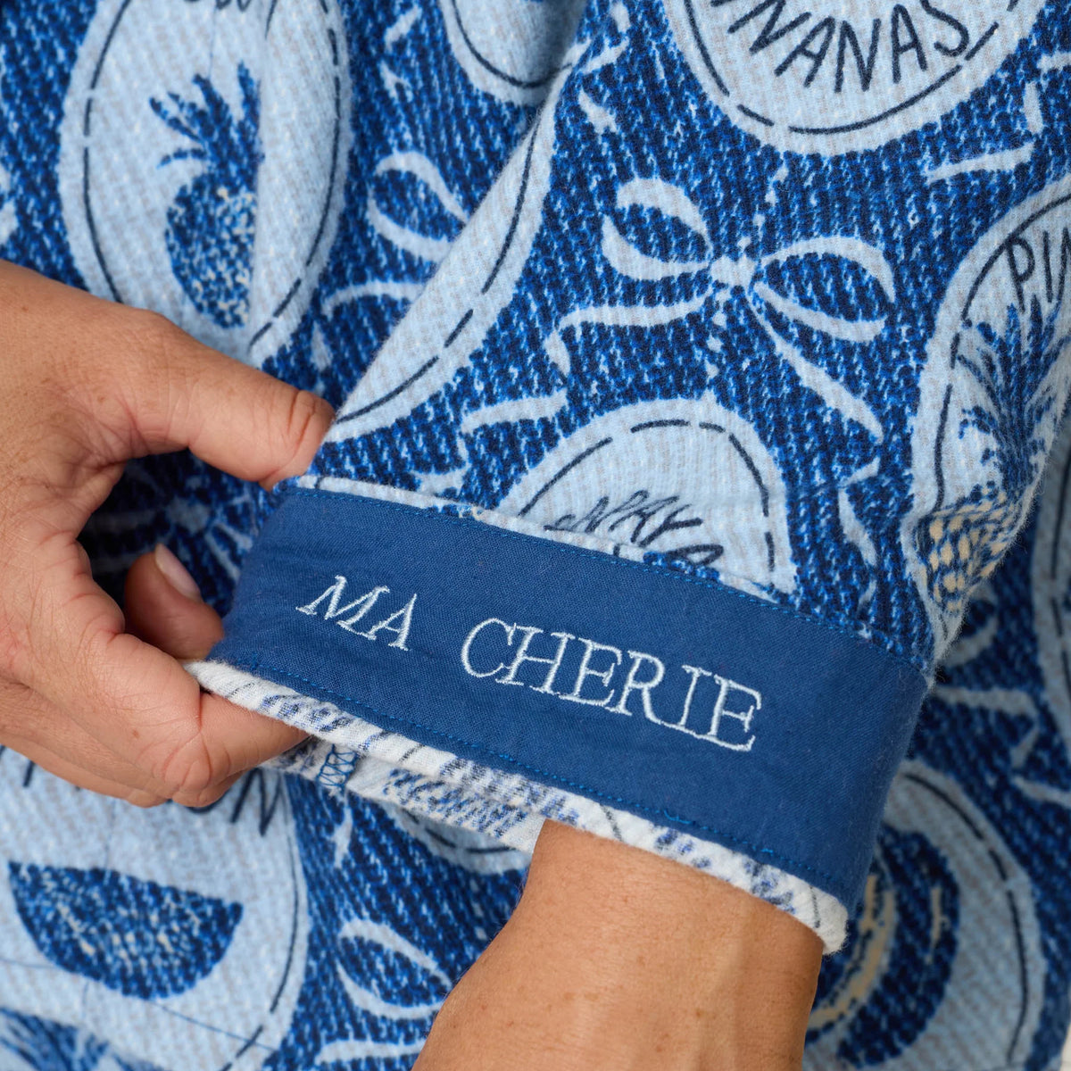 PJ Salvage Ma Cherie "Ma Cherie" embroidered cuff detail close-up — Cloud Nine Pajamas