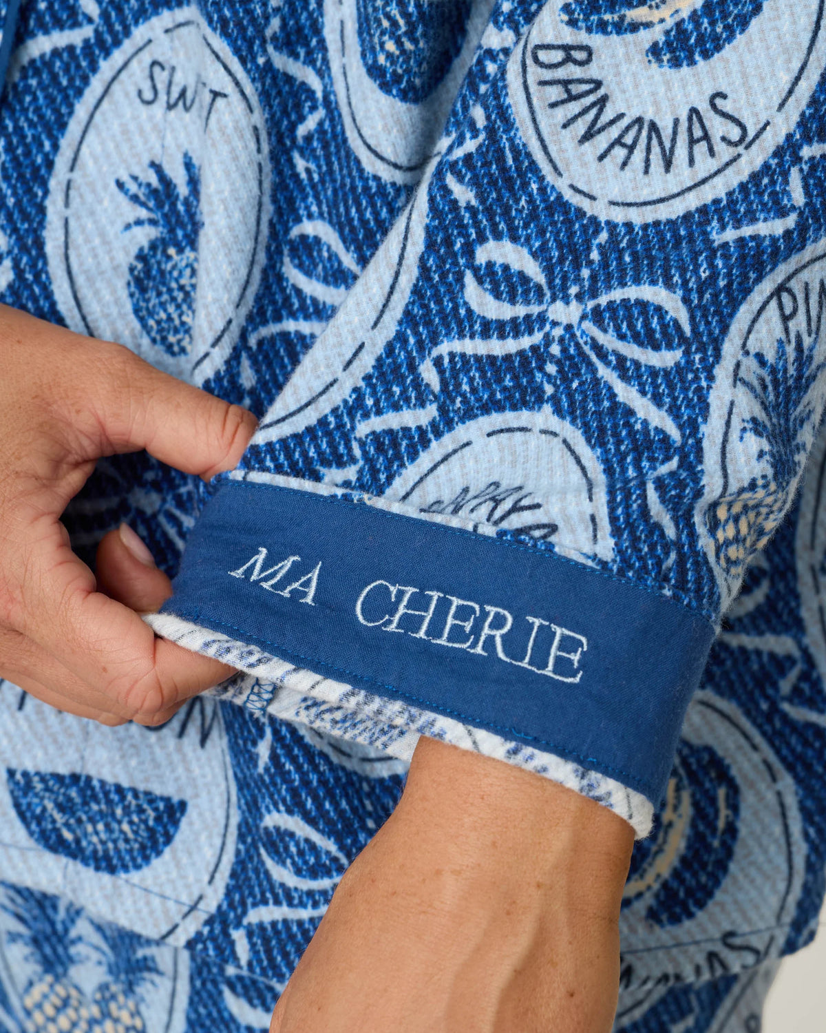 PJ Salvage Ma Cherie "Ma Cherie" embroidered cuff detail close-up — Cloud Nine Pajamas