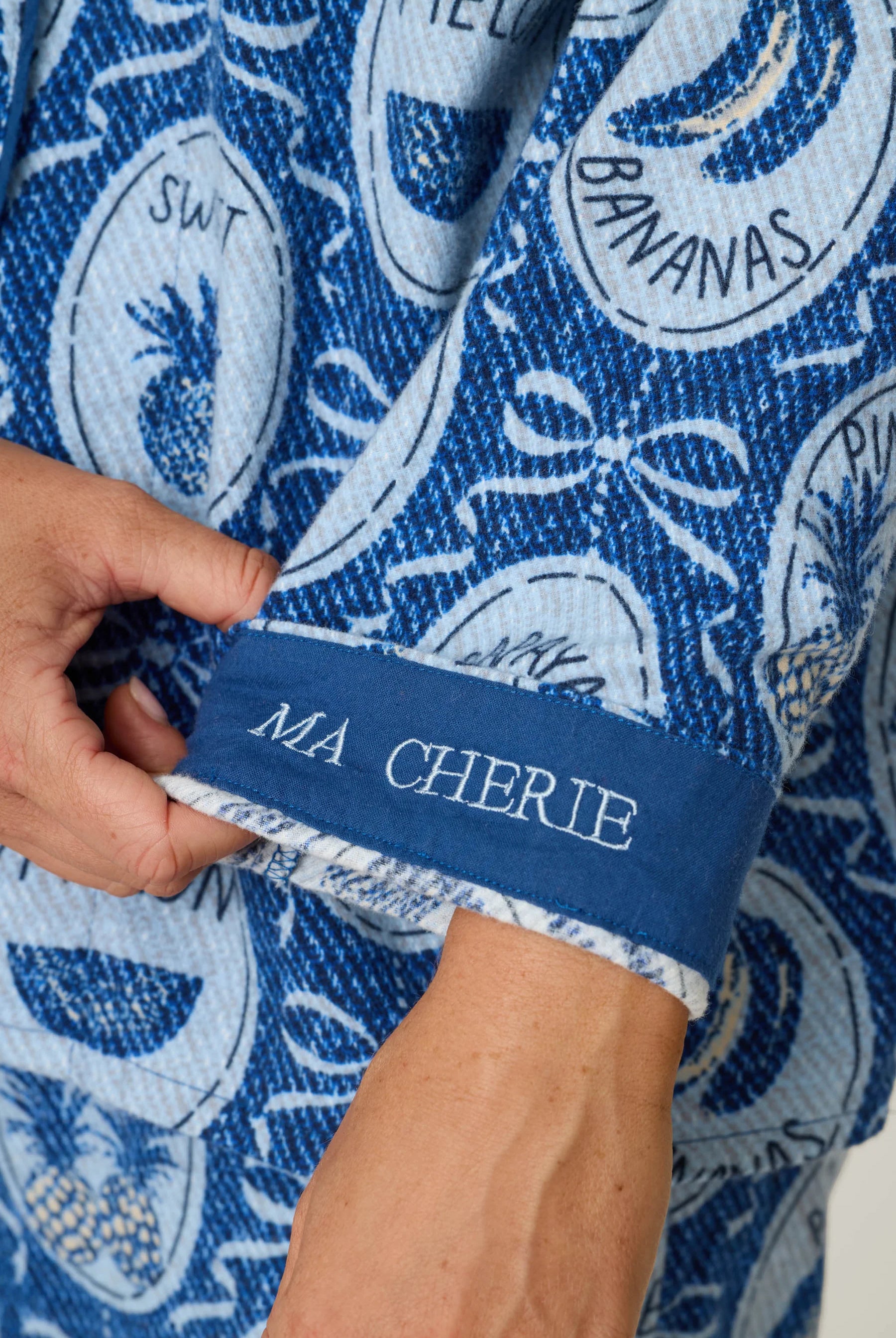 PJ Salvage Ma Cherie "Ma Cherie" embroidered cuff detail close-up — Cloud Nine Pajamas