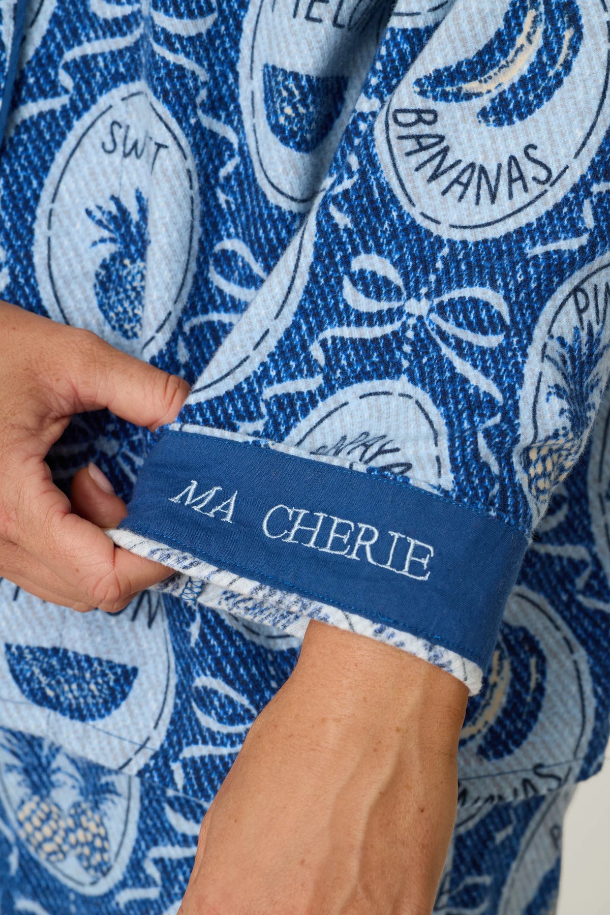 PJ Salvage Ma Cherie "Ma Cherie" embroidered cuff detail close-up — Cloud Nine Pajamas