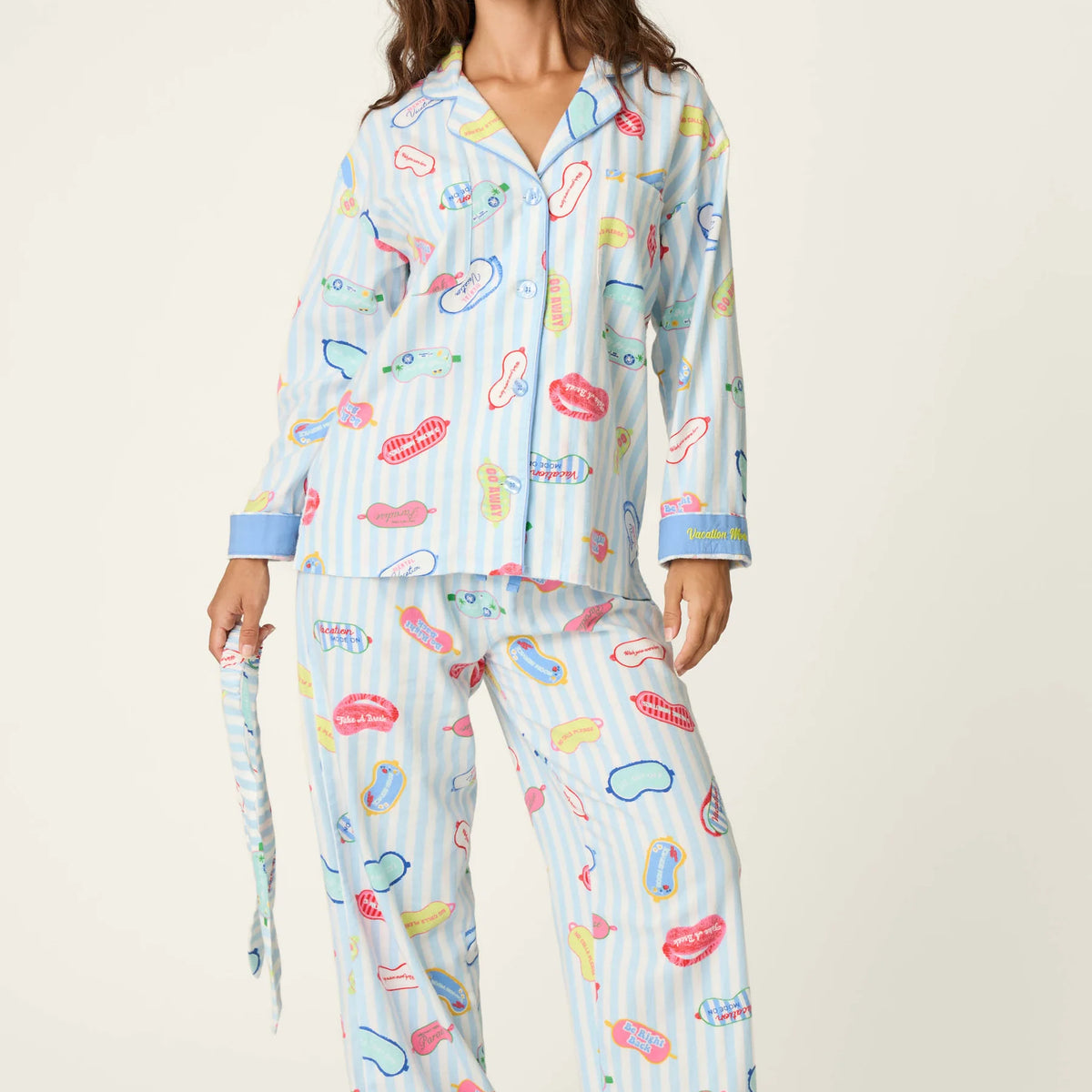PJ Salvage Out of Office Eyemask Print 3-Piece Flannel PJ Set front view model — Cloud Nine Pajamas Edmonton