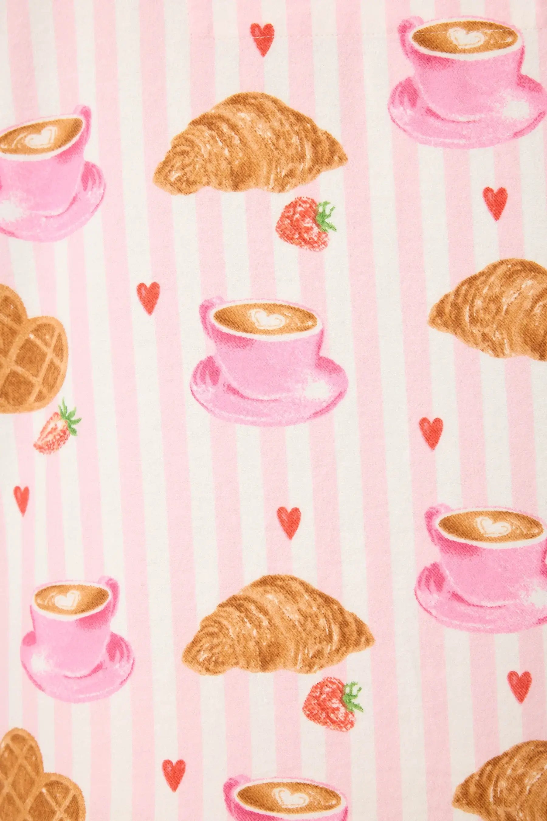 Brunch Club breakfast print featuring croissants, coffee cups, strawberries, and hearts on a pink striped background.