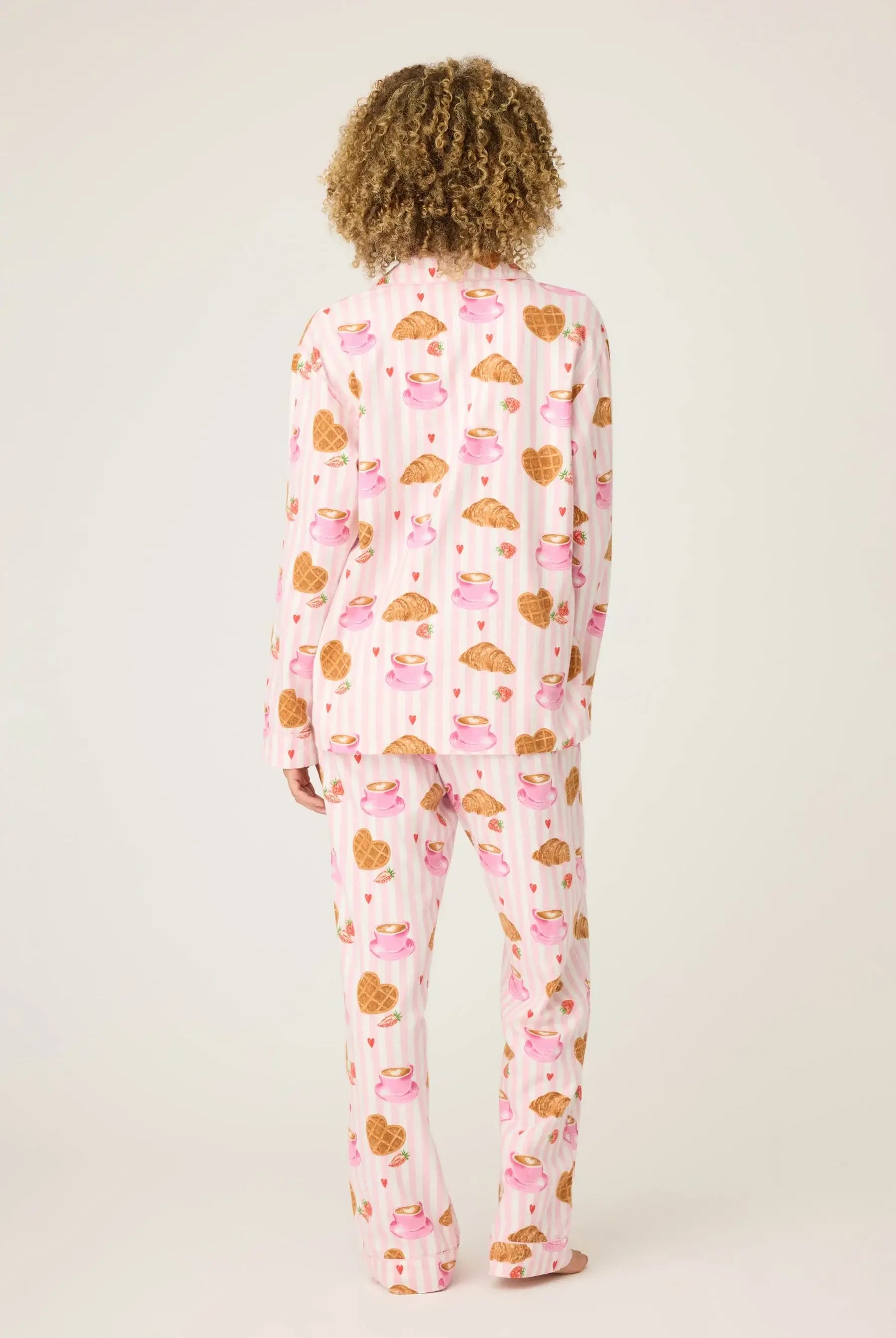 Brunch Club Breakfast Print Flannel PJ Set from PJ Salvage displayed from the back with a fun pattern.