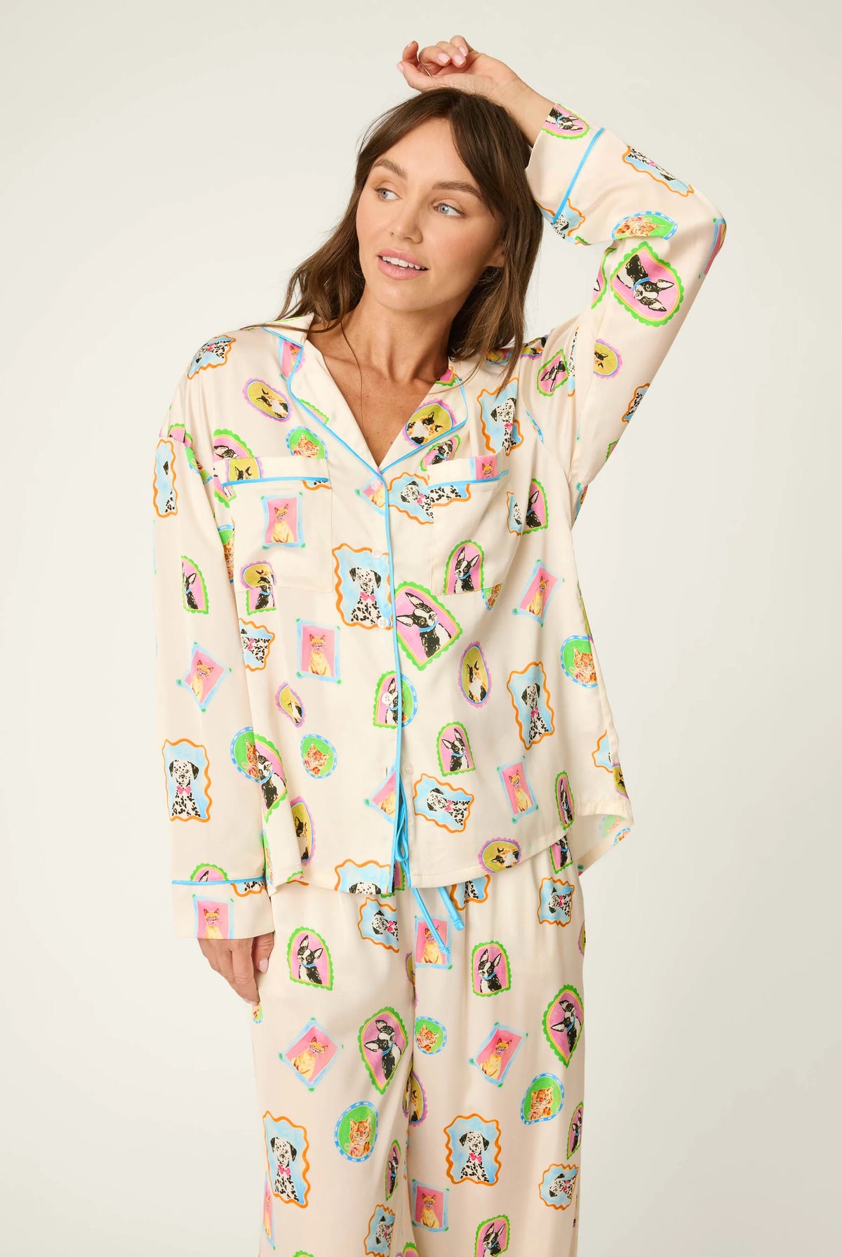 PJ Salvage Picture Purrfect silky satin long sleeve top front detail — Cloud Nine Pajamas