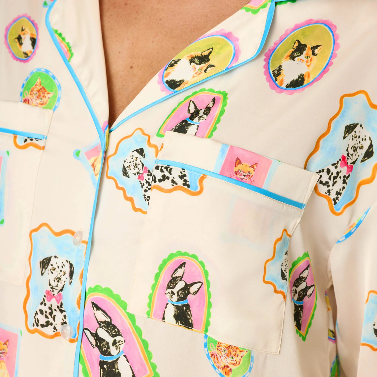 PJ Salvage Picture Purrfect silky satin long sleeve top front pocket detail — Cloud Nine Pajamas