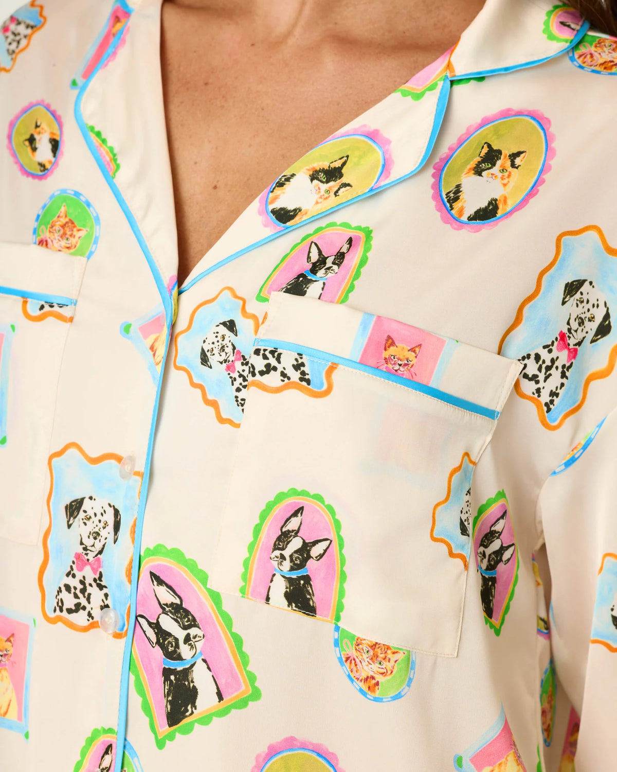 PJ Salvage Picture Purrfect silky satin long sleeve top front pocket detail — Cloud Nine Pajamas