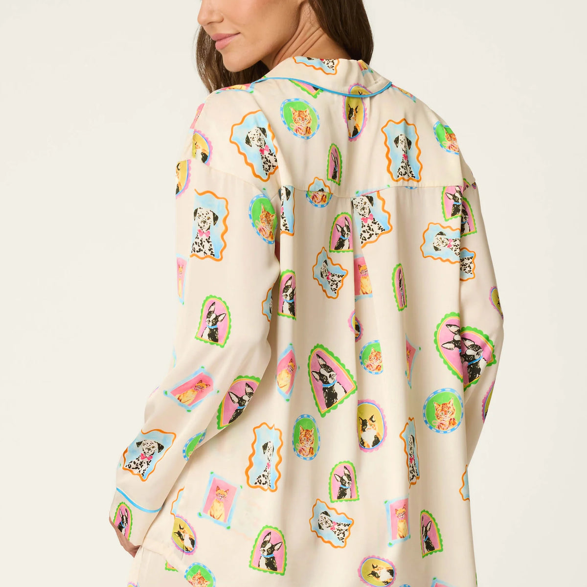 PJ Salvage Picture Purrfect silky satin long sleeve top back detail — Cloud Nine Pajamas
