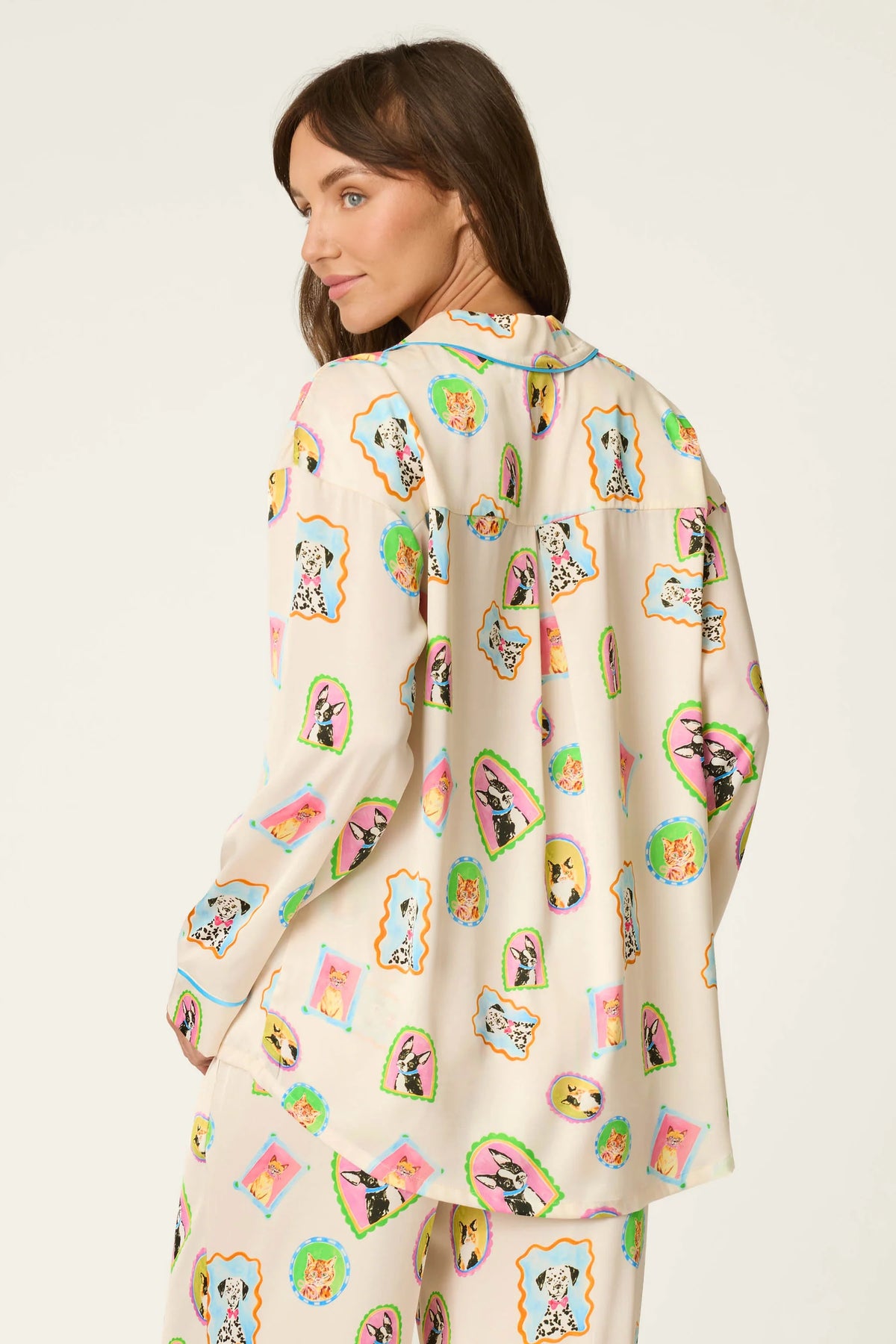 PJ Salvage Picture Purrfect silky satin long sleeve top back detail — Cloud Nine Pajamas