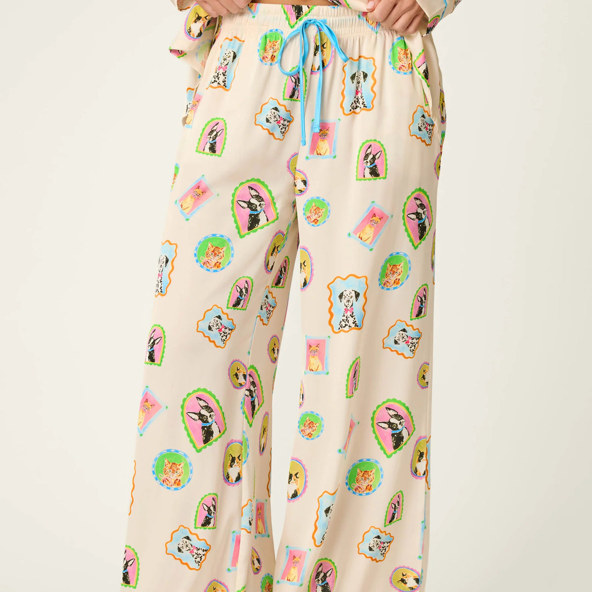 PJ Salvage Picture Purrfect satin set wide-leg pant detail — Cloud Nine Pajamas