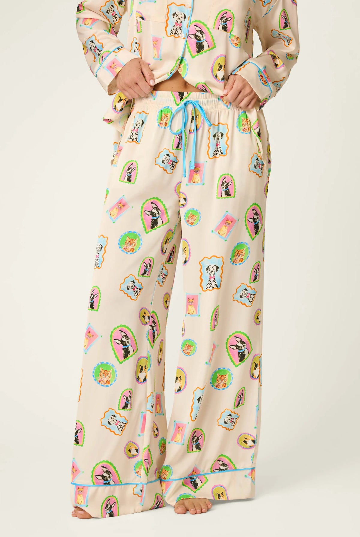 PJ Salvage Picture Purrfect satin set wide-leg pant detail — Cloud Nine Pajamas