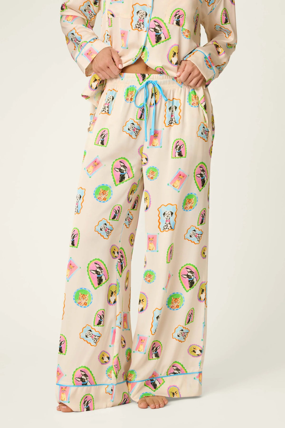 PJ Salvage Picture Purrfect satin set wide-leg pant detail — Cloud Nine Pajamas