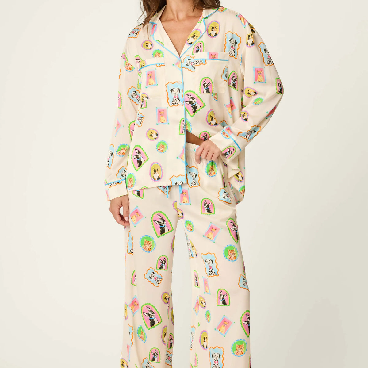 PJ Salvage Picture Purrfect Pet Portraits Satin Pajama Set front view on model — Cloud Nine Pajamas Edmonton