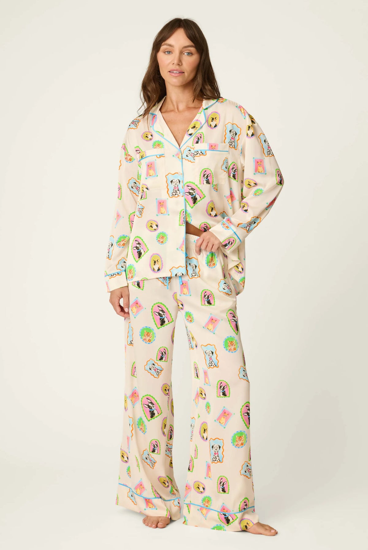 PJ Salvage Picture Purrfect Pet Portraits Satin Pajama Set front view on model — Cloud Nine Pajamas Edmonton