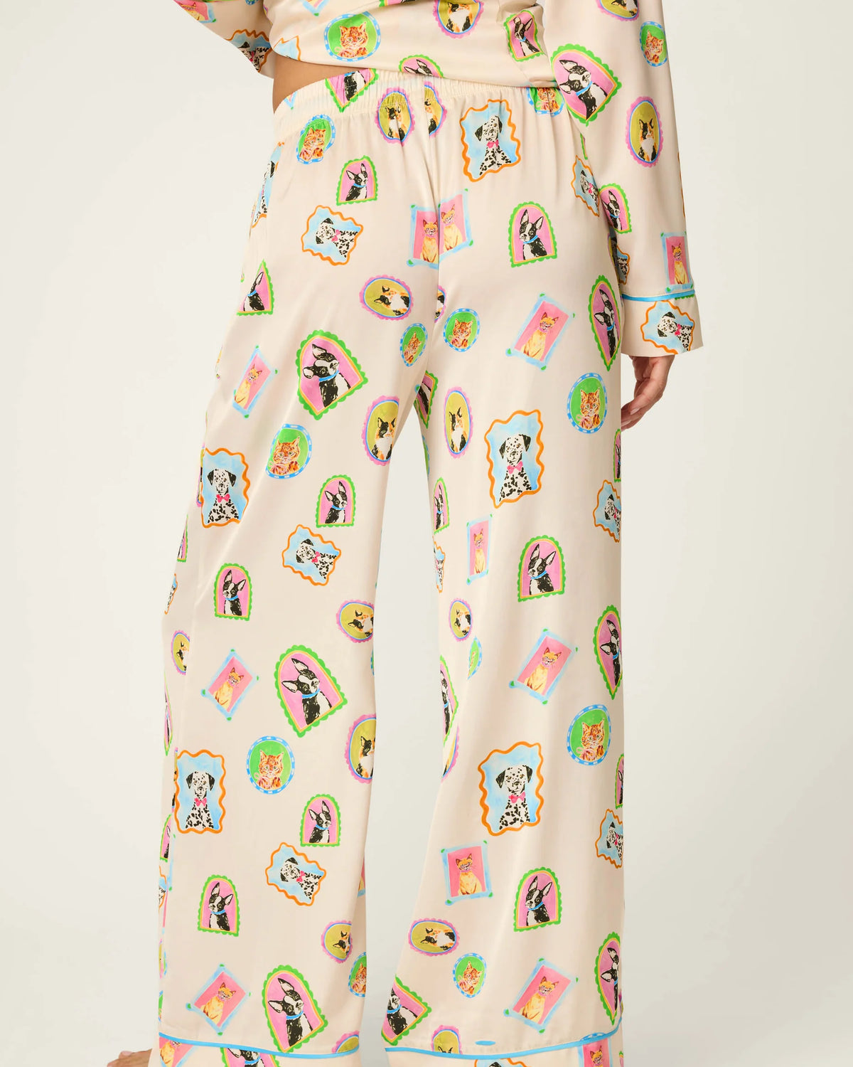 PJ Salvage Picture Purrfect satin wide-leg pant back view — Cloud Nine Pajamas