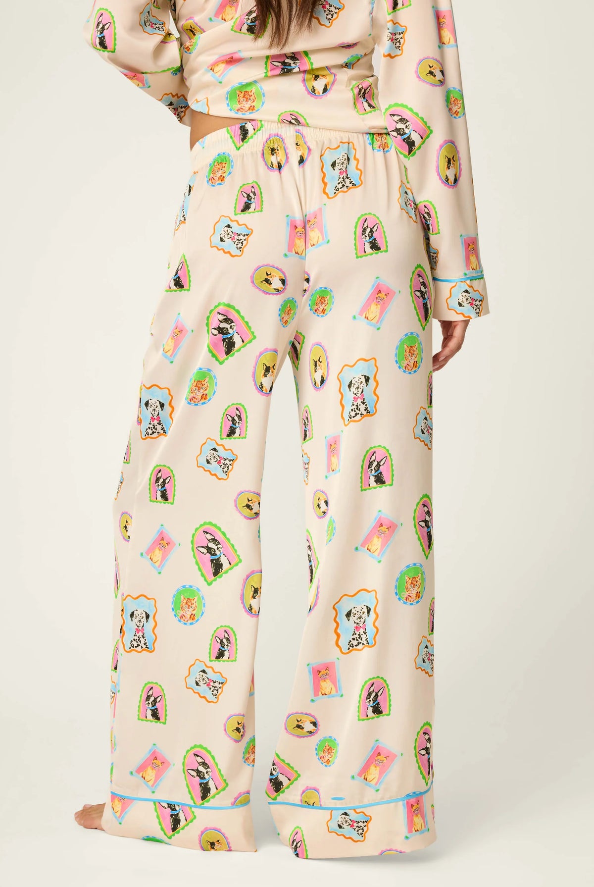 PJ Salvage Picture Purrfect satin wide-leg pant back view — Cloud Nine Pajamas