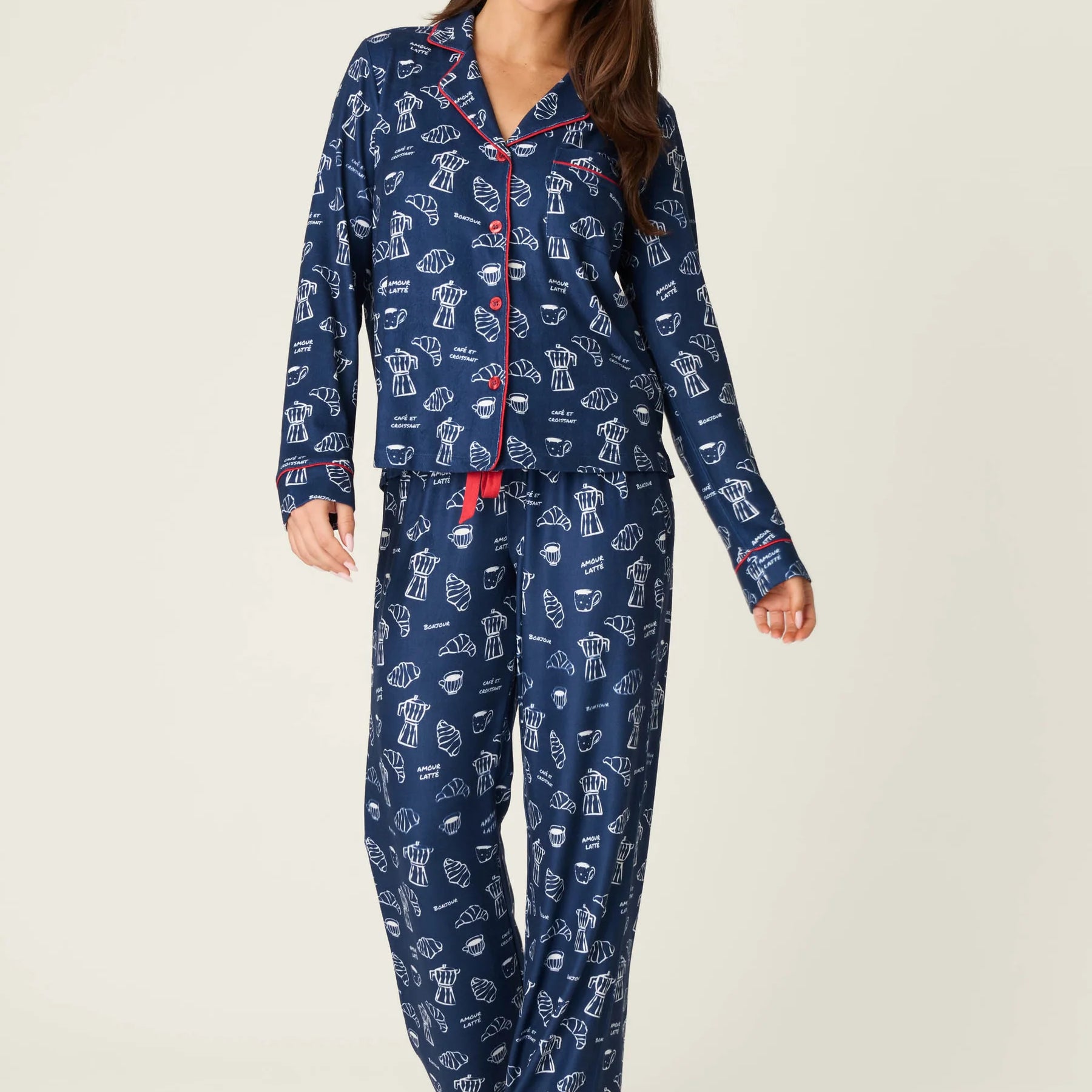 PJ Salvage Bonjour Babe French Breakfast Print Long Sleeve PJ Set front view — Cloud Nine Pajamas Edmonton